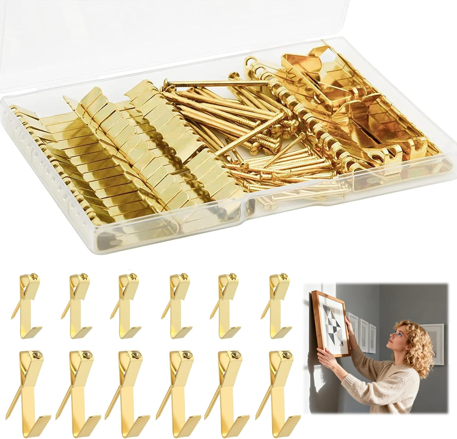 100 Pcs Picture Hanging Kit, Golden Wall Hooks with Nails, Heavy Duty Photo Frame Hangers for Drywall & Wooden Walls Includes 30LB & 50LB Hooks Minimal Damage image number 5