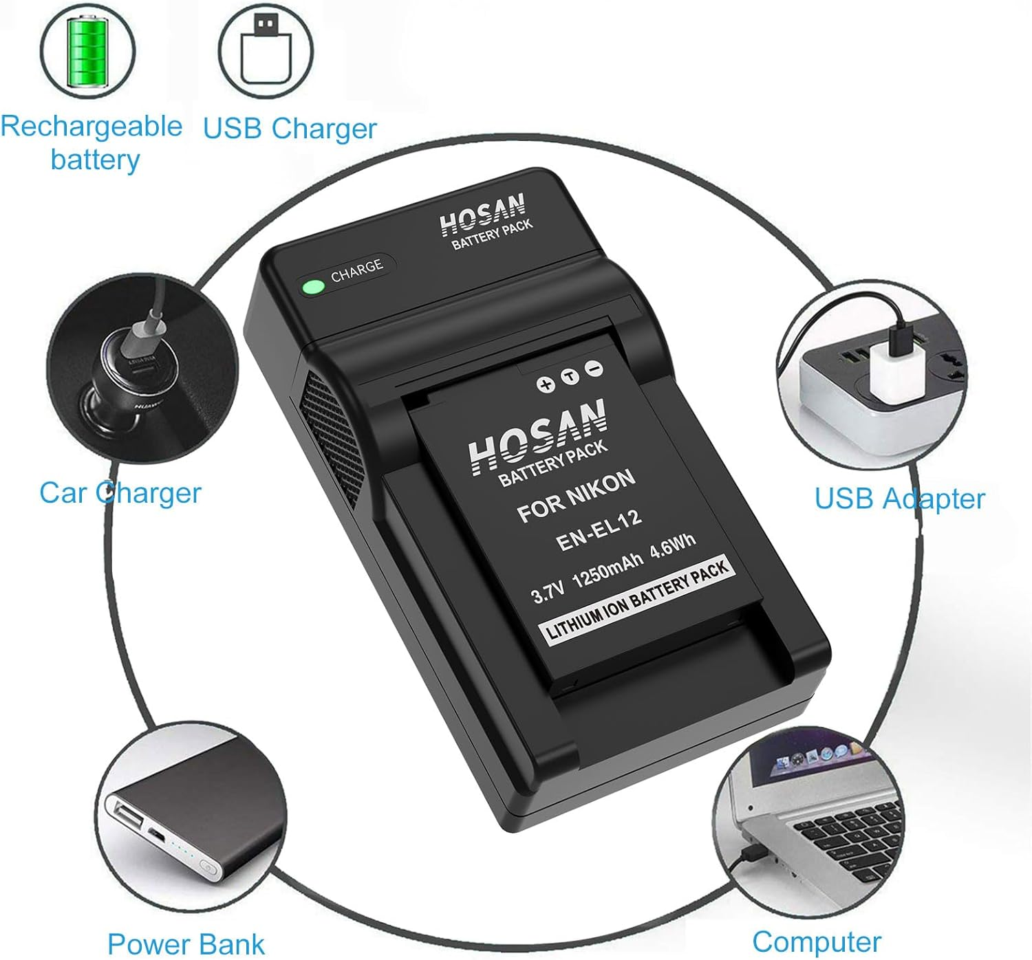 EN-EL12 Replacement Battery (2-Pack) and USB Charger for Nikon EN-EL12 and Nikon Coolpix A900 A1000 AW100 Aw100S AW110 Aw110S AW120 P330 P340 S310 S70 S610 S620 S630 S640 image number 5