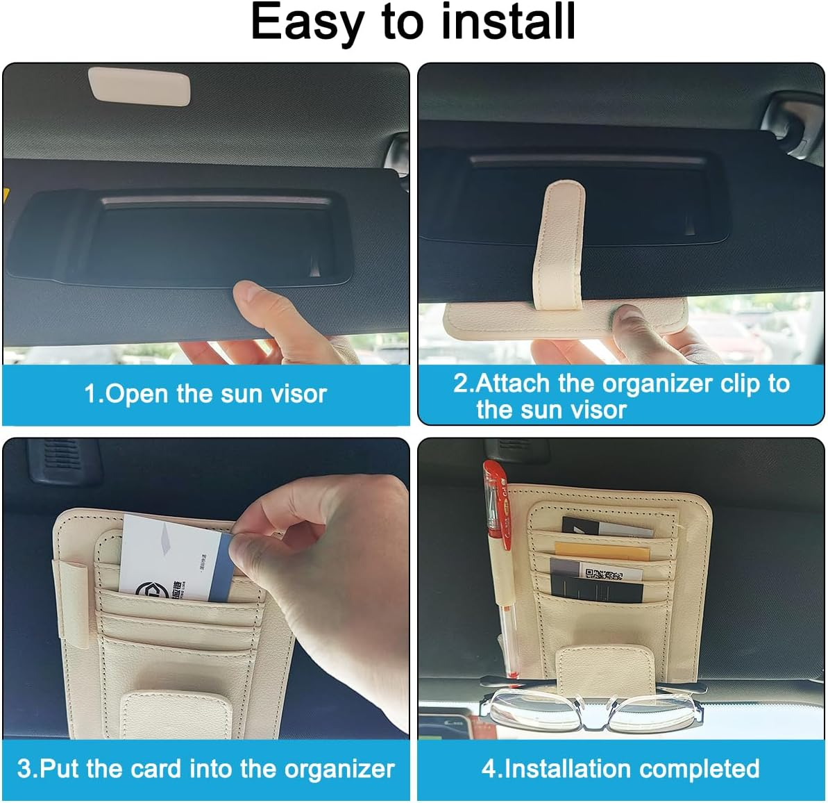 SENHAI Car Sun Visor Organizer for Car, 2 Pcs Small Leather Car Card Sleeve Pocket Organizer, Car Visor Organizer Storage Pouch for Hold Card, Sunglass Holder, Pen (Beige & Black) image number 6