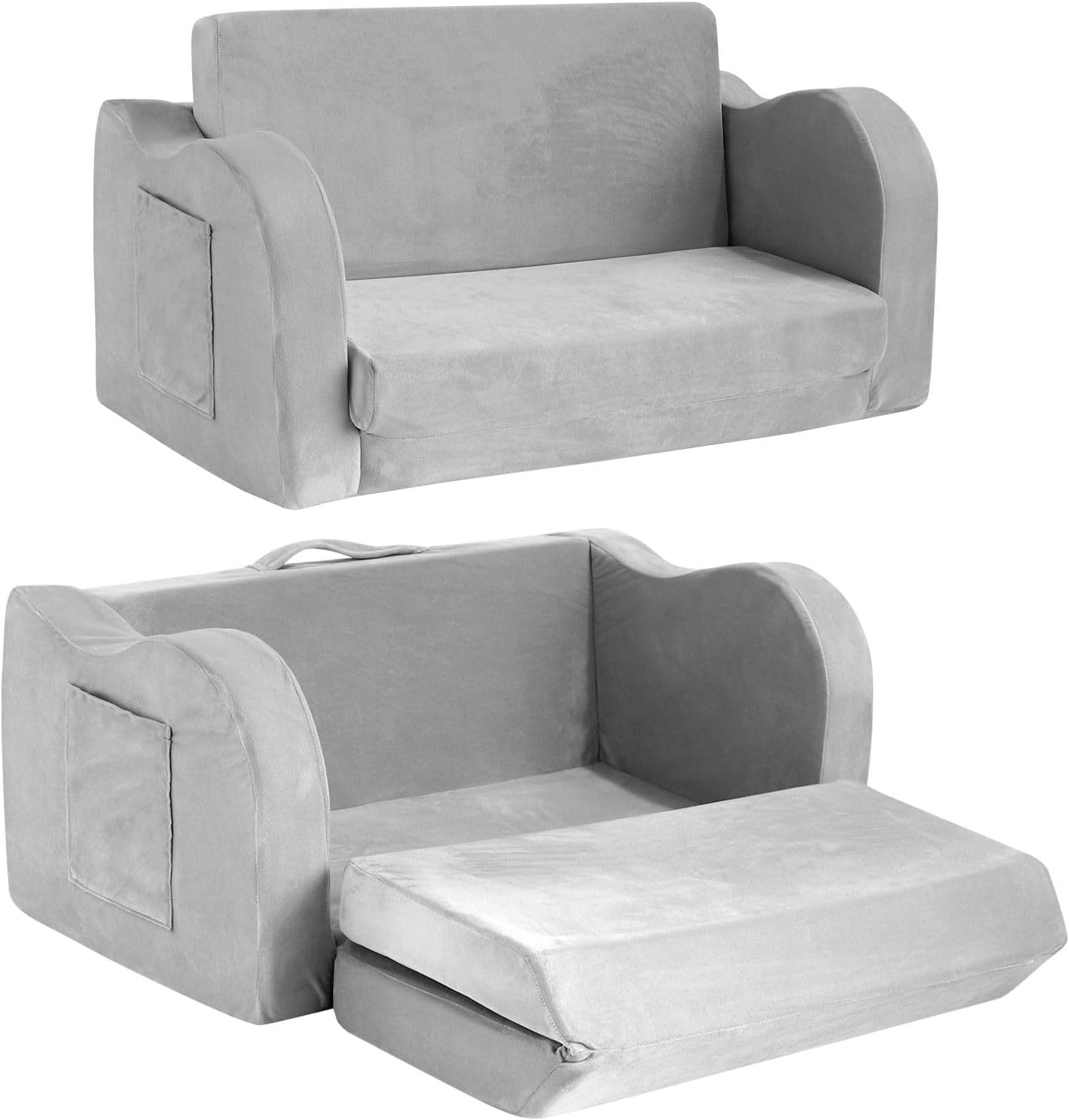 Kids Sofa Fold Out Toddler Sofa Chairs Children'S 2 in 1 Convertible Sofa to Lounger Flip Open Toddler Couch Armrest Chair Bed for Boys Girls Grey