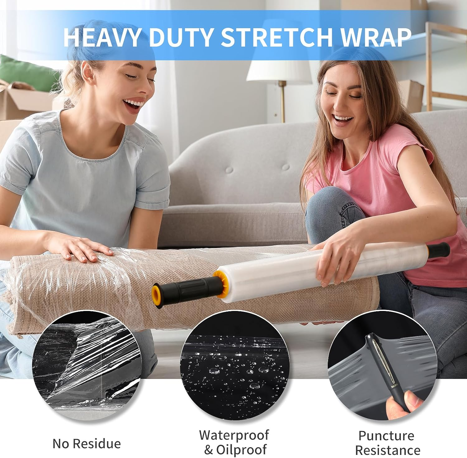 Origuuds Stretch Film, 80 Gauge Stretch Wrap with Handles, Industrial Strength Plastic Wrap for Moving, Pallet Wrap, Packing, Furniture Wrapping, Luggage (Clear/15 Inch X 1000 Feet, 1 Roll)