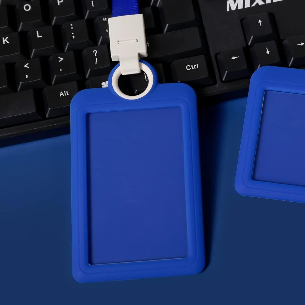 Badge Holder Silicone Horizontal ID Badge Card Holder with Lanyard Neck Strap Heavy Duty ID Card Business Card Offices Supplies Vertical (Dark Blue) image number 3