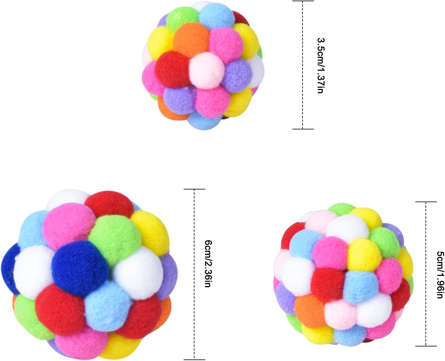 Ehuihuan Colourful Plush Balls Cat Toy, Interactive Cat Toy Ball with Bell, Set of 3 Colourful Cat Balls for Kittens, Cat Toys for Cats and Kittens, Game and Fun, L, M, S image number 1