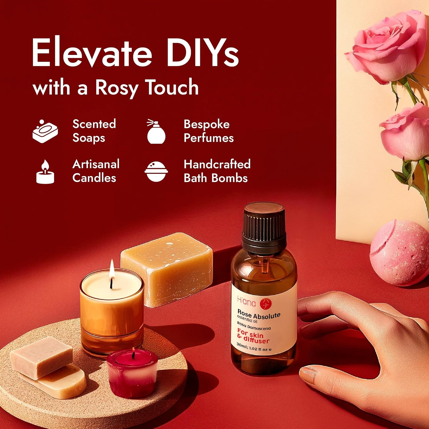 H'Ana Rose Essential Oil - 100% Pure and Natural Rose Oil for Face, Skin and Diffuser - with a Sweet, Fresh Scent, Smells like Fresh Roses - Symbolises Love and Beauty (30Ml)