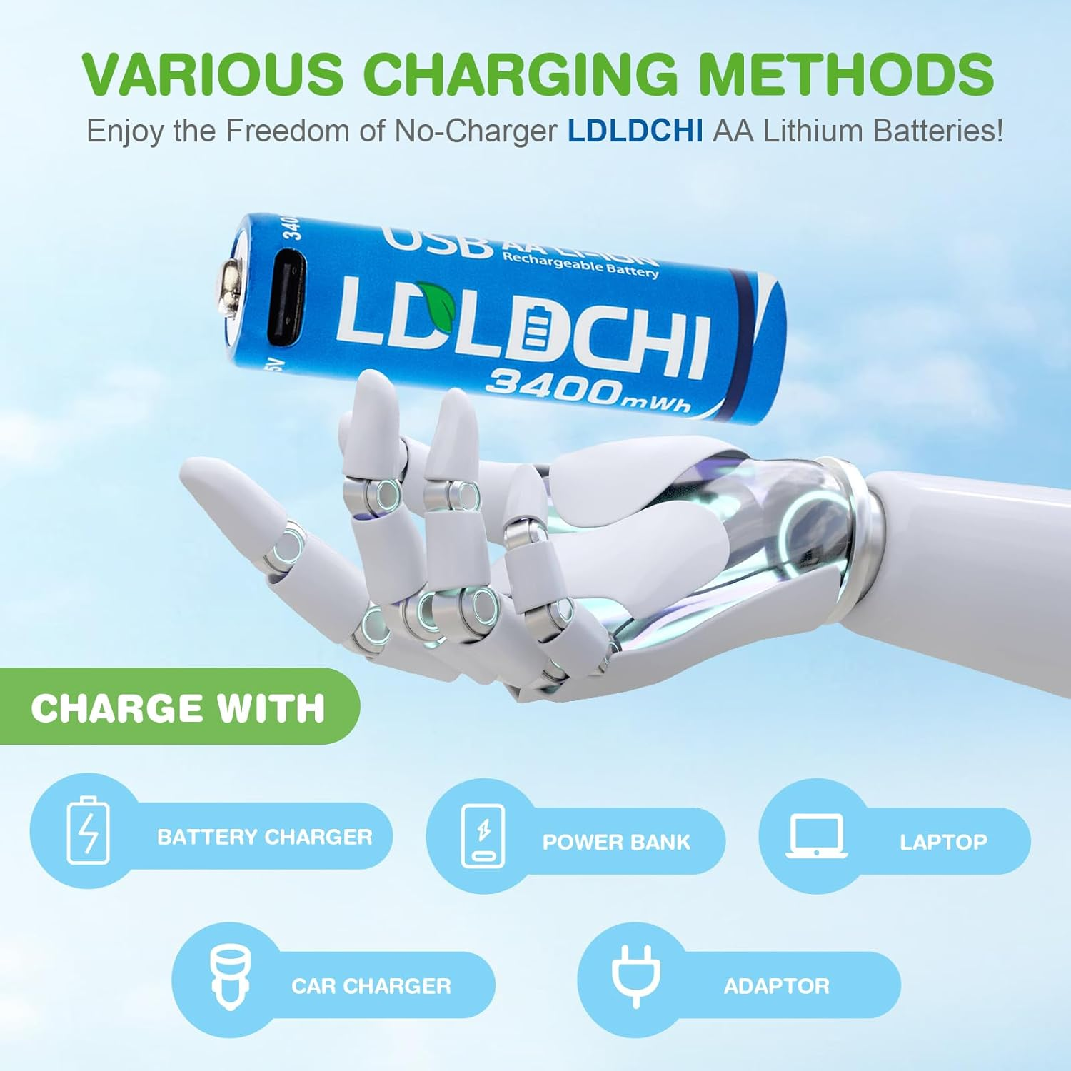 AA USB Rechargeable Batteries 1.5V &ndash; 4 Pack Lithium, 3400Mwh High Capacity, 1000+ Cycles, with 4-In-1 USB Charging Cable