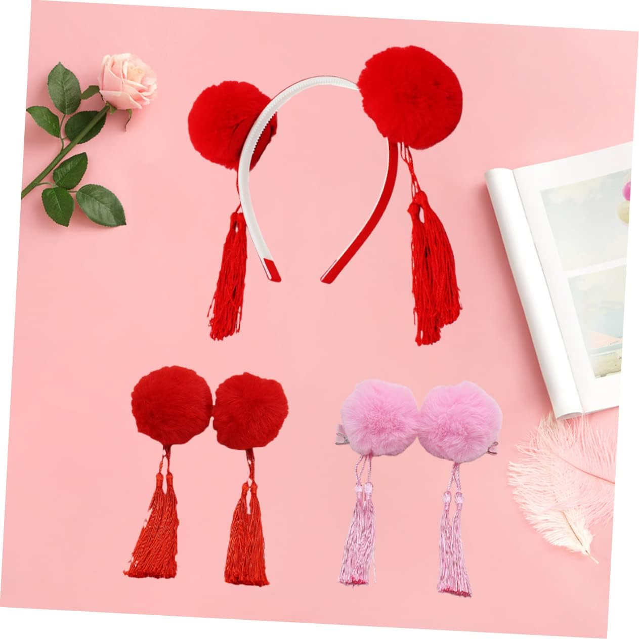 Beavorty Tassel Headband Hair Clips Hair Accessories 3Pcs Chinese Style Festive Spring Festival New Year Set for Children Photo Props Headwear