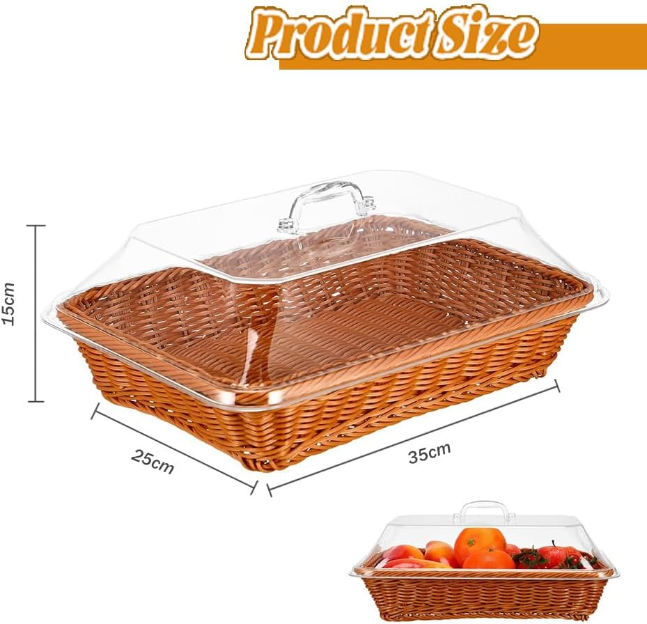 SHENMAIDAY Bread Basket with Lid, Woven Rattan Bread Basket, Desktop Food Serving Basket with Acrylic Lid, Kitchen Restaurant Fruit and Vegetable Basket, Multifunctional Storage Basket