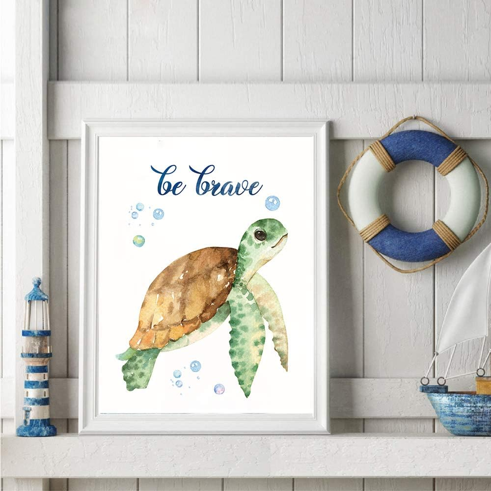 SUUURA-OO Lovely Inspirational Words Texture of Dreams Watercolor Sea Marine Life Art Print Set of 4 (8&rdquo;X10&rdquo;), Sea Turtle Seahorse Fish Whale Jellyfish Wall Poster, Blue Ocean Theme Nursery Kids Room Wall Decor image number 6