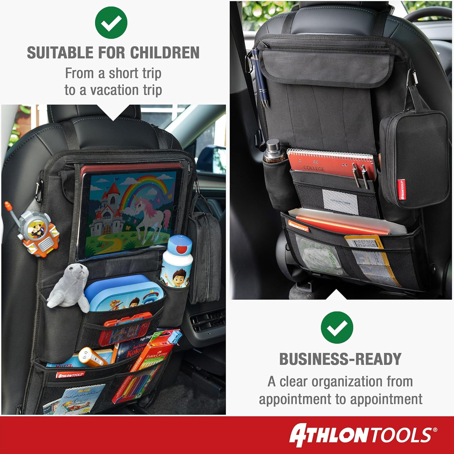 ATHLON TOOLS the Most Stable Car Seat Organiser with Reinforced Back Panel, Food-Safe, with Integrated Tablet Holder, with Extra Pencil Case, for Business and Children, Designed in Hamburg image number 6