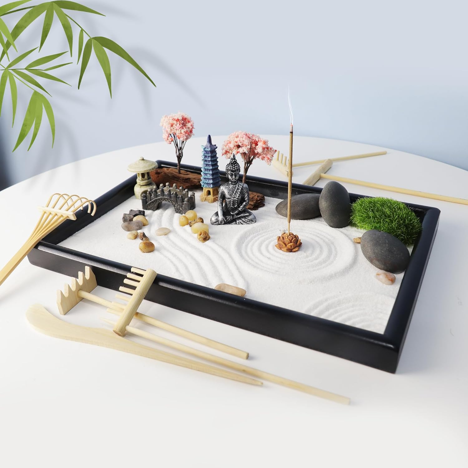 YUNGCHI Zen Garden for Desk Mini Japanese Sand Desktop Office Miniature Zen Garden Box with Kit 11.8 X 7.9 In