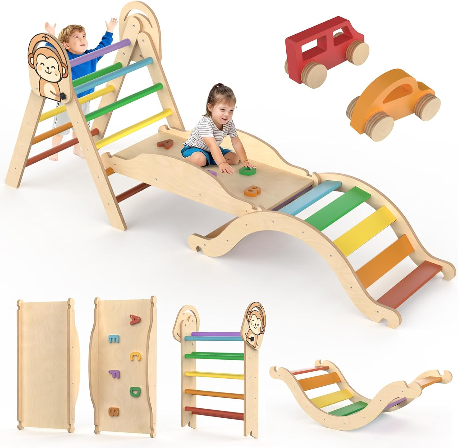 Dinosaur Theme Pikler Triangle Set &ndash; 10 in 1 Montessori Toddler Climbing Toys Indoor Playground with Foldable Wooden Climber with Slide, Rocking Arch, Play Tunnel, Bridge, Table, Indoor Jungle Gym