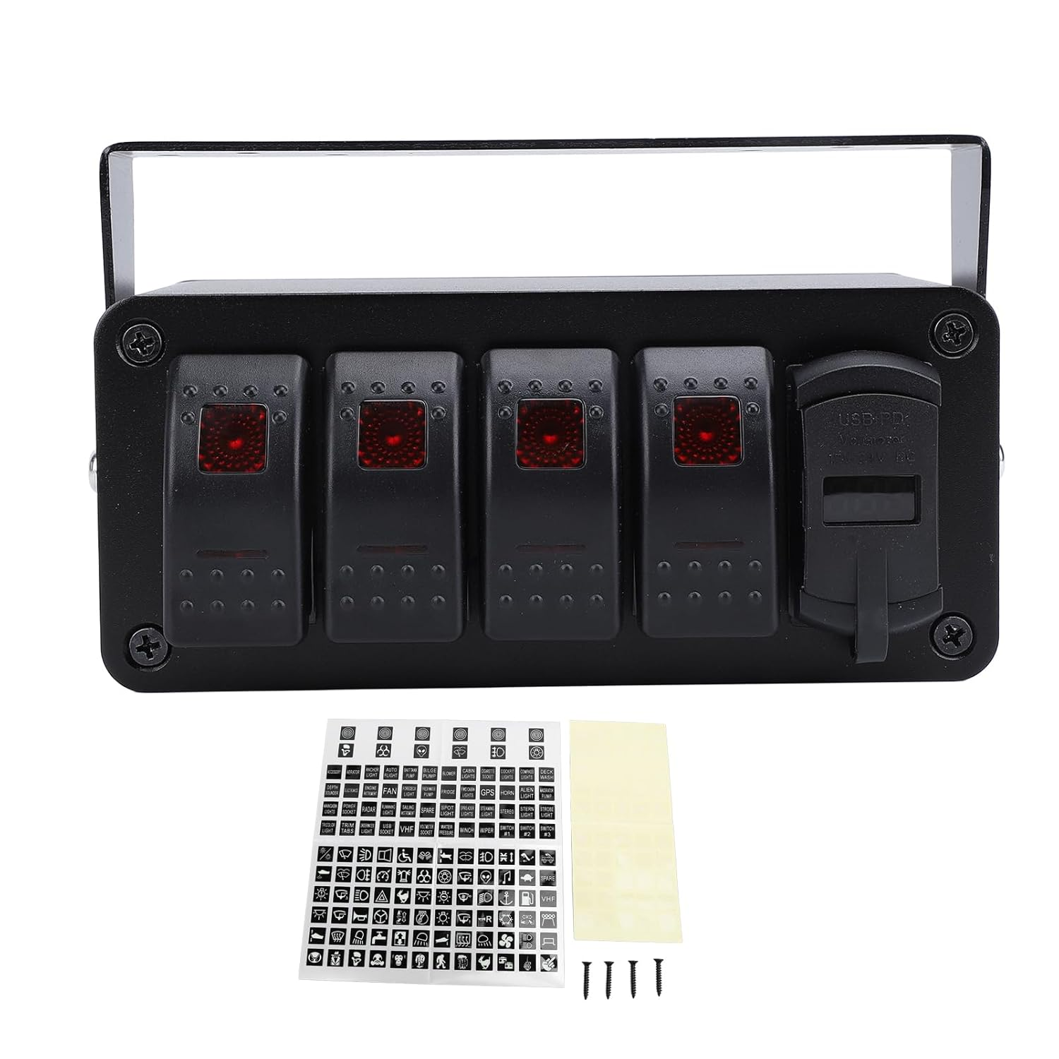 Rocker Switch Box, 12V 24V 4 Gang Rocker Toggle Switch Panel Box, 20 Amp, SPST On/Off PD Type C and QC 3.0 USB Voltmeter for Auto Automotive Lights Boats Rvs Trucks (Red Light) image number 3