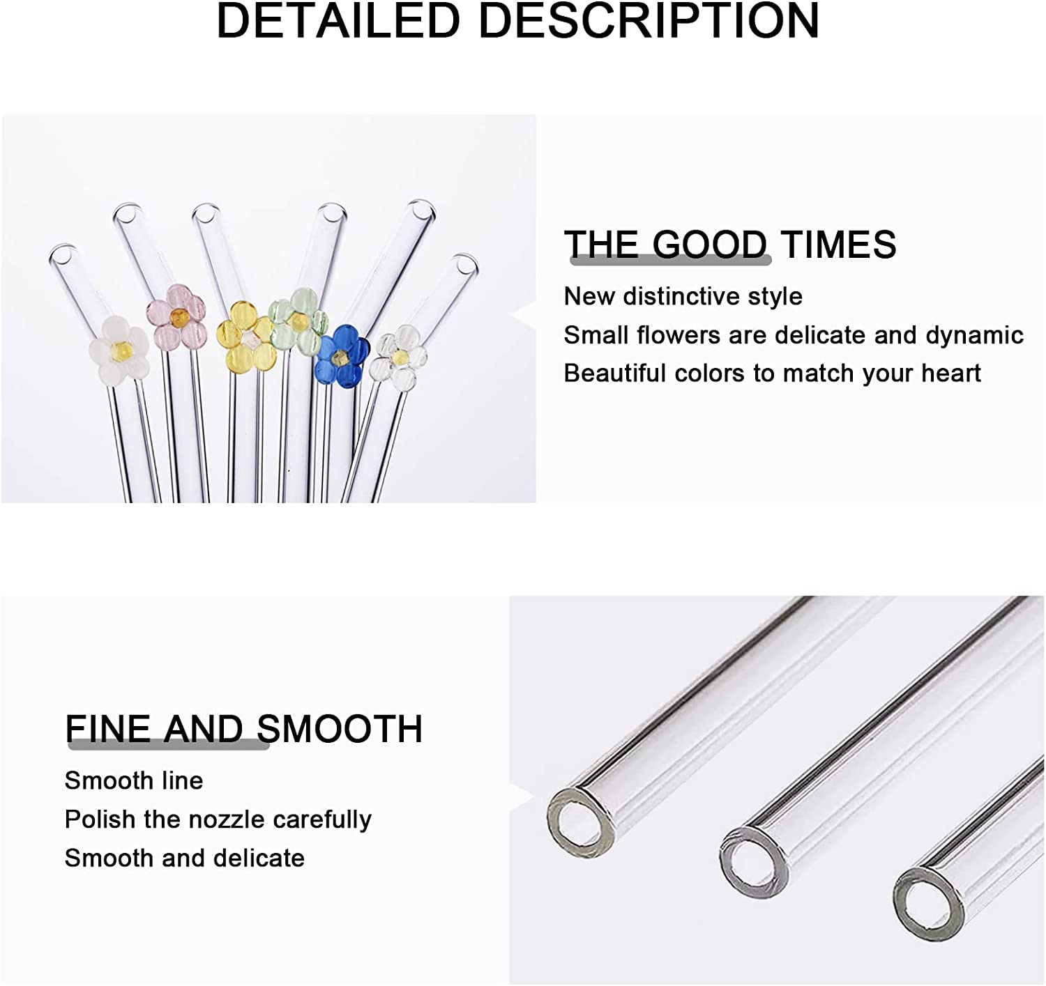DUMING-IN 6 Pcs Reusable Glass Straws with 2 Cleaning Brushes, Cute Colorful Flower Glass Straw Shatter Resistant, Reusable Straws Dishwasher Safe for Smoothies, Milkshakes, Juices, Teas image number 5