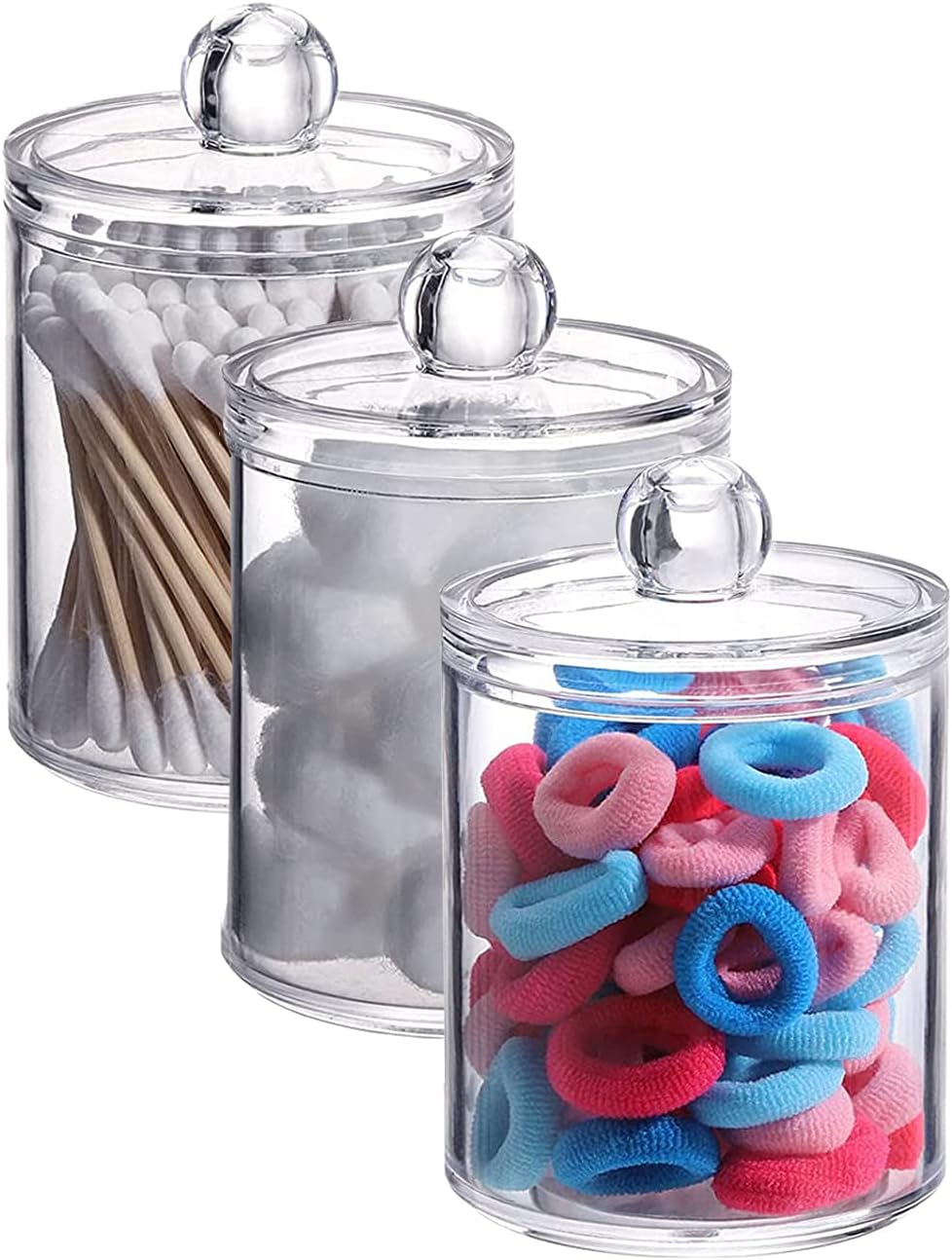 3 Pack Qtip Dispenser Holder Jars, Bathroom Vanity round Storage Organizer Canister, Clear Acrylic Container Box for Cotton Balls Rounds Makeup Sponges Bath Salts Tooth Floss Picks (Style 1, Clear) image number 5