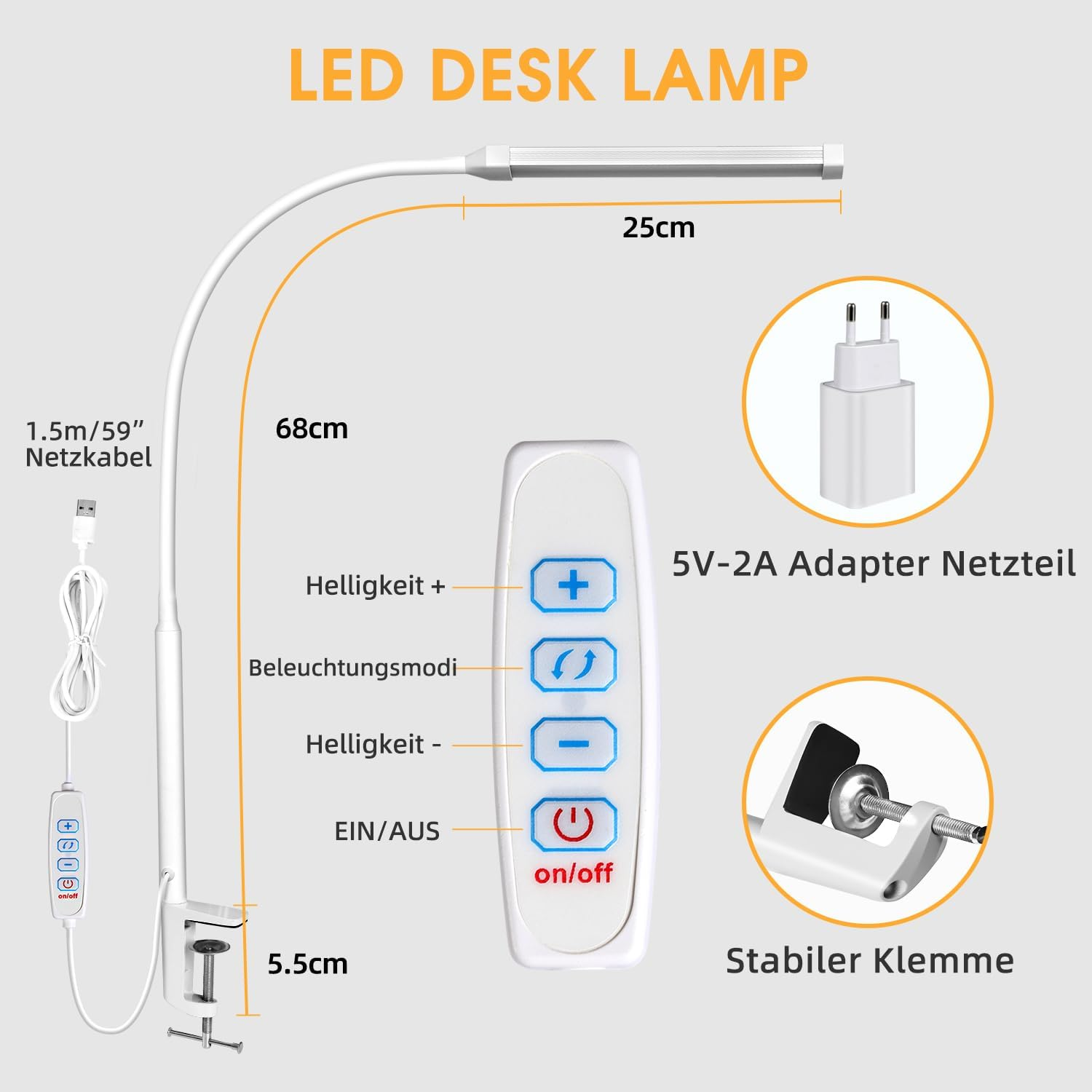 LIBORA LED Desk Lamp Clamp - 3 Color Modes and 10 Brightness Levels, Daylight, Eye Protection, Flexible Gooseneck Reading Lamp - 360&deg; Adjustable - White - White image number 4