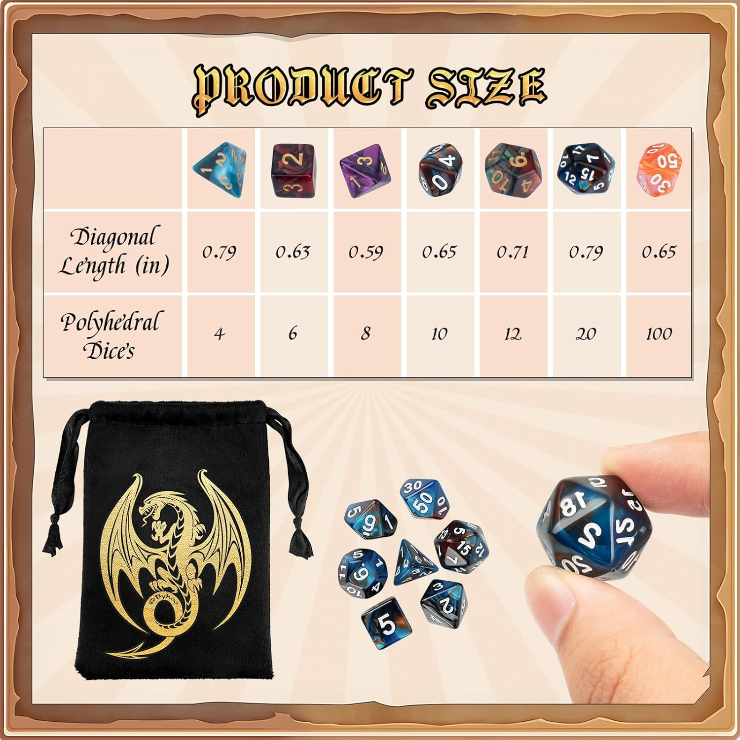 Byhoo DND Dice Set, 6 Sets Double-Colors Polyhedral Dice with 6 Drawstring Bags and Crocodile Pattern Dice Tray for RPG, MTG & Table Games, Ideal for DND Enthusiasts & DM image number 4
