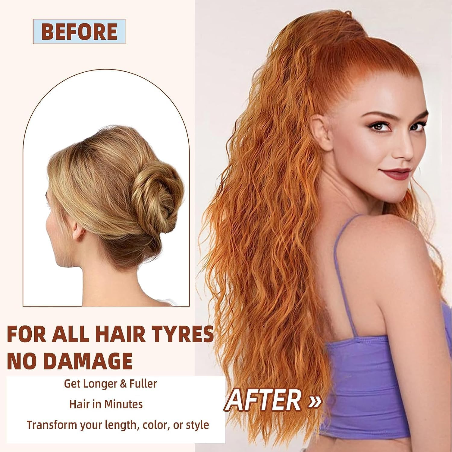 PORSMEER Ponytail Hairpiece Long 75 Cm with Drawstring Wavy Curls Ponytail Extension Ginger Orange Natural Clip-In Hairpiece Ponytail Hair Braid for Women Afro Braid Hair Extensions image number 1