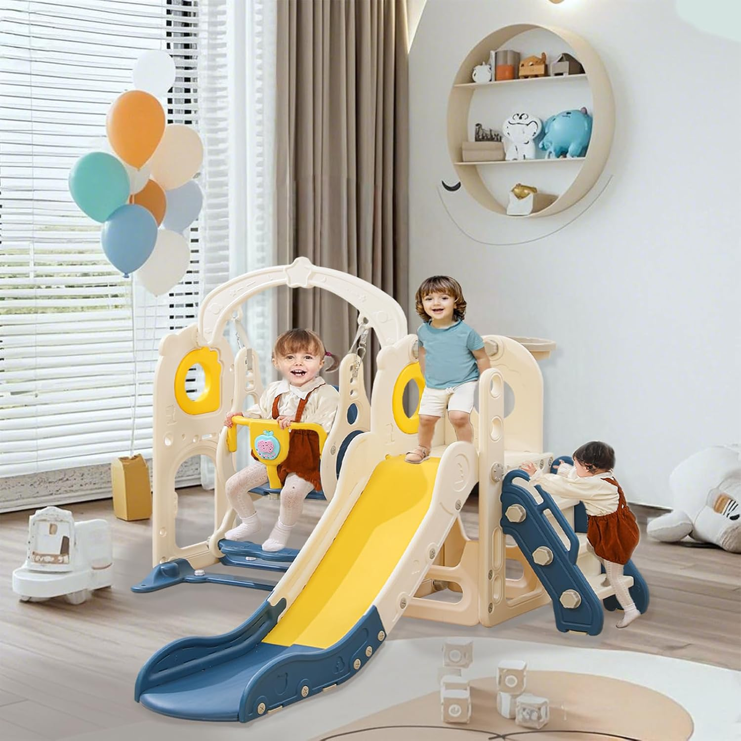 Kids Slide and Swing Set, 7In1 Toddler Slide Playset with Adjustable Swing and Dining-Plate, Basketball Hoop, Ball and Climb Stairs Kids Playset Indoor Outdoor Backyard with Music Player image number 3