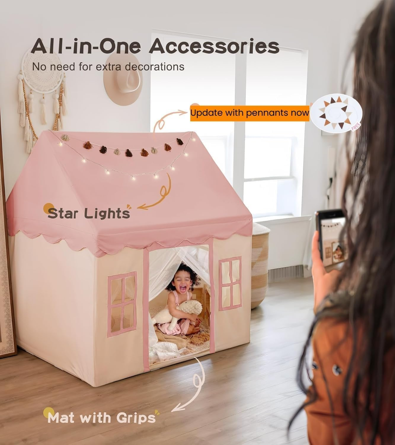 Large Kids Play Tent with Mat, Play Tent Indoor with Star Lights, Flag and Windows, Playhouse for Boys and Girls Aged 3, Kid Tent with Mat Washable (Pink)