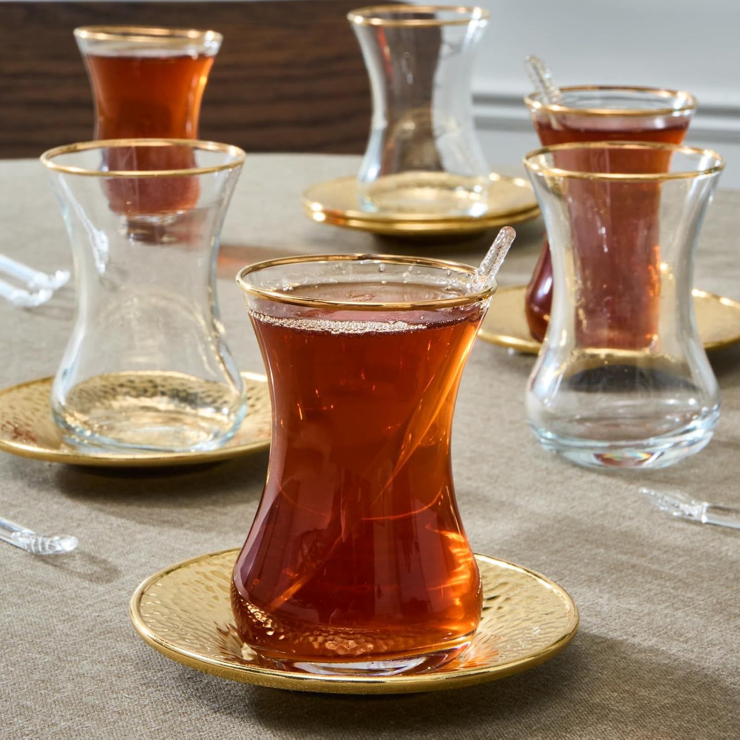 KARACA Ada Turkish Tea Cups Set of 18 Turkish Tea Glasses Cups and Saucers for 6 People, Includes Saucers and Teaspoons, 130 Ml, Gold image number 4