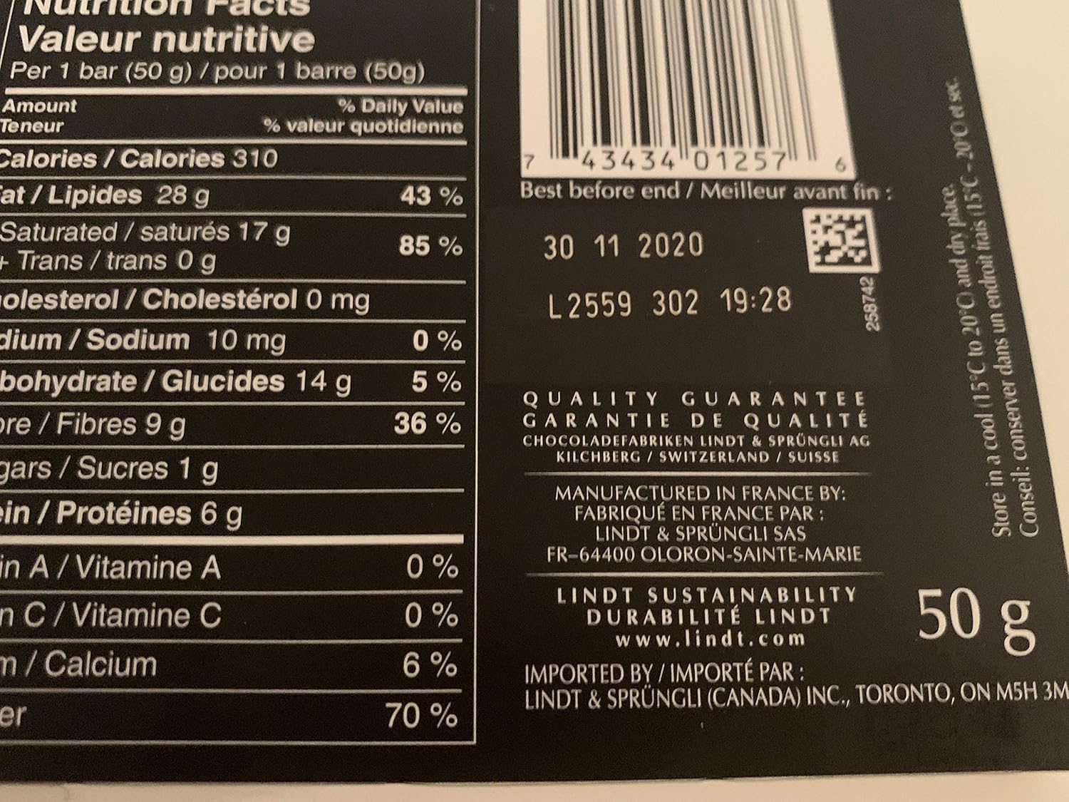 LINDT EXCELLENCE 100% CACAO PURE DARK CHOCOLATE50G image number 1