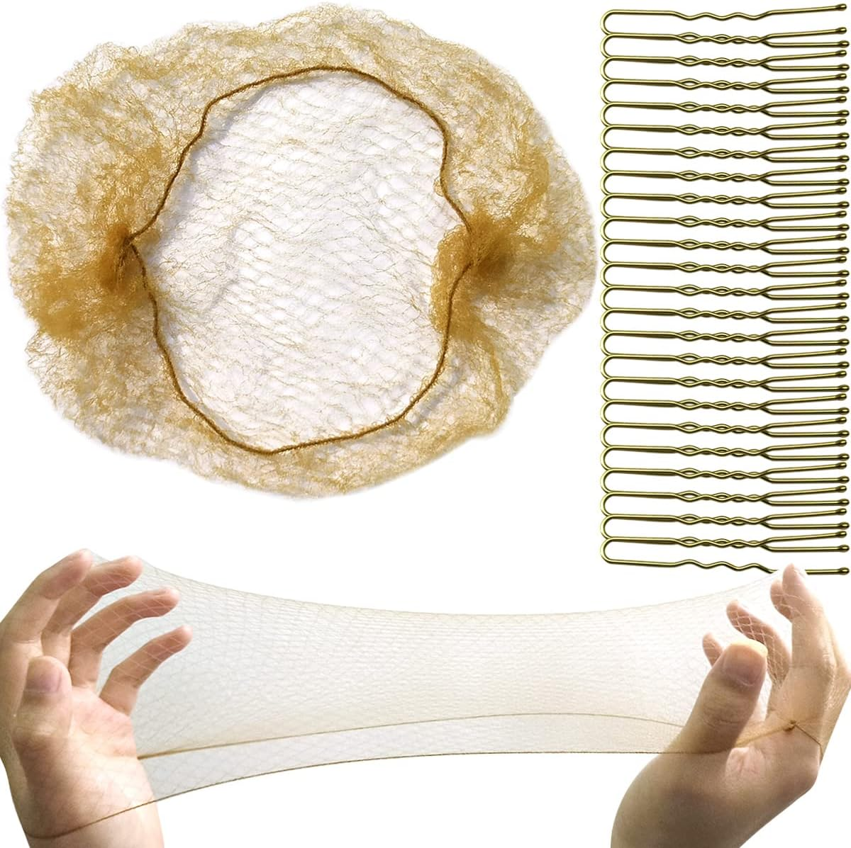 Tenalleys Ballet Hair Bun Cover, 50Pieces 50Cm Nylon Invisible Hairnet Invisible Elastic Edge Mesh, 50Pcs U Shaped Pins Fits Food Service, Ballet Bun,Wig and Women(Light Linen) image number 5