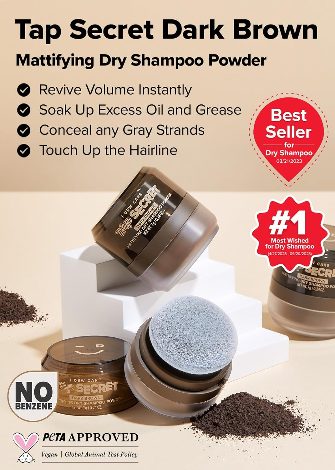 I DEW CARE Dry Shampoo Powder Refill - Tap Secret Dark Brown | with Black Ginseng, Non-Aerosol, Benzene-Free, Mattifying, Travel Size Dry Shampoo, Unisex, Root Touch Up, Texture Powder, 0.24 Oz. image number 3