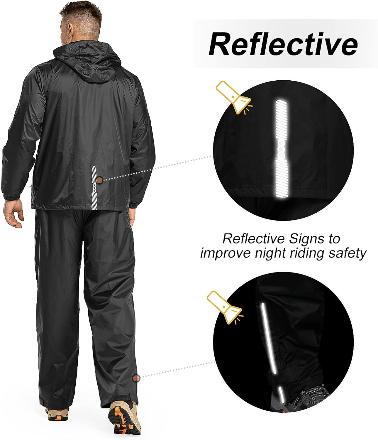 33,000Ft Men'S Waterproof Rainsuit Hooded Jacket Rain Trousers Packable Raincoat Sets Windproof Two Piece Waterproof Suit with Safety Reflectors for Fishing Hiking Camping image number 7