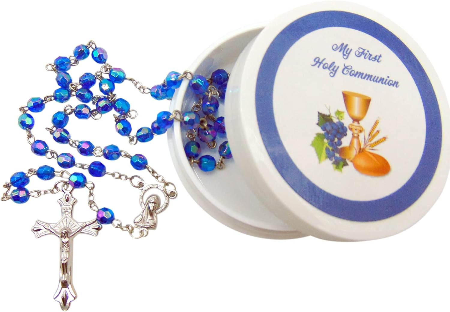 Westmon Works First Communion Rosary Set Blue Glass Beads in a Protective Case with Matching Holy Prayer Card, Metal, No Gemstone image number 5
