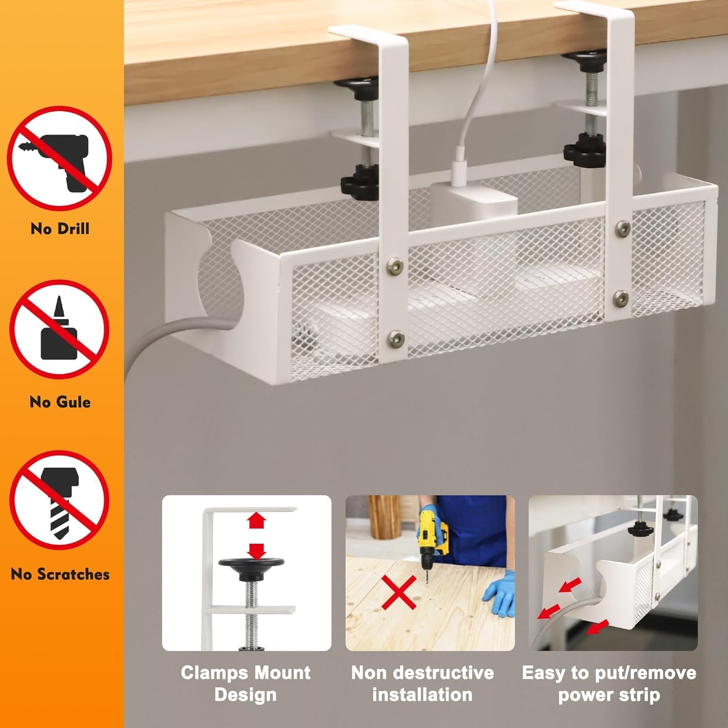 Under Desk Cable Management Tray No Drill Cable Management Box with Clamp for Wire Organizer under Table Wire Management Tray Cord Organizer Rack Basket for Office & Home Standing Desk White image number 4