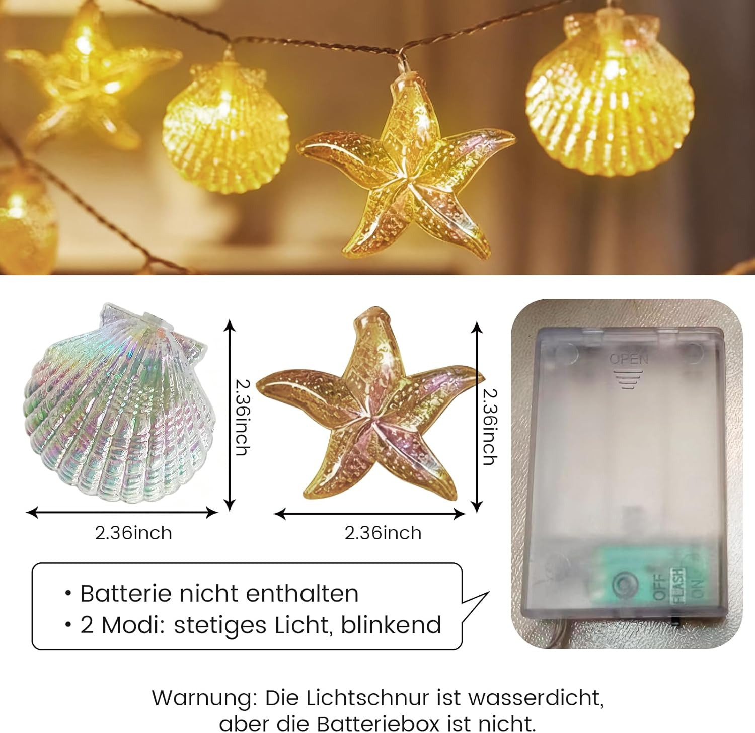 Foanlerck Fairy Lights with Shells Starfish 1.5 M 10 LED Fairy Lights Children Warm White Battery Operated, IP44 Waterproof Maritime Shell Lamp for Children'S Room Party Wedding Fairy Lights