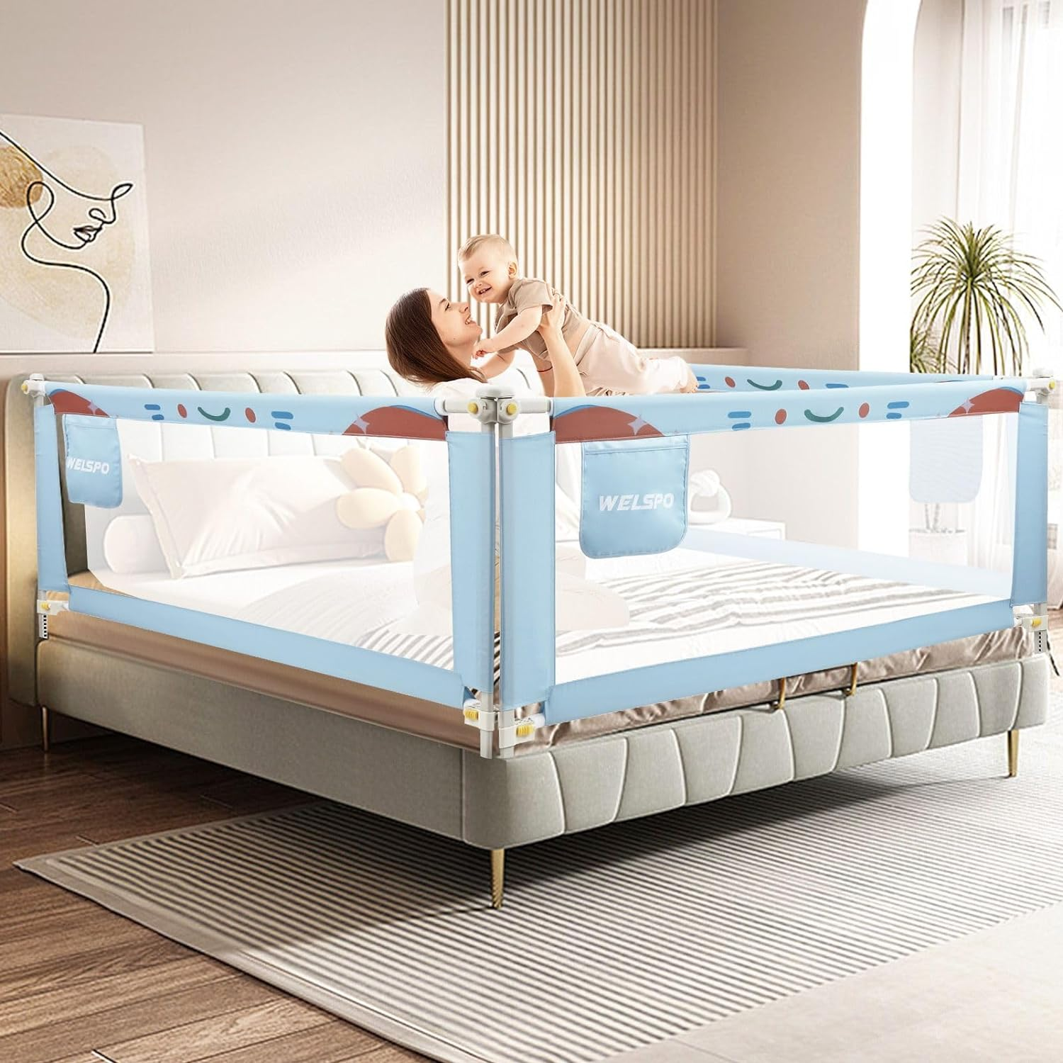 KIDBOT 3Pcs Kids Bed Rail Guard Queen Size,Baby Toddler Side Safety Guard Barrier,Adjustable Child Cot Fence Baby Fall Protection Fabric Double Lock Smurfs,150X100Cm*1Pcs & 200X100Cm*2Pcs image number 2