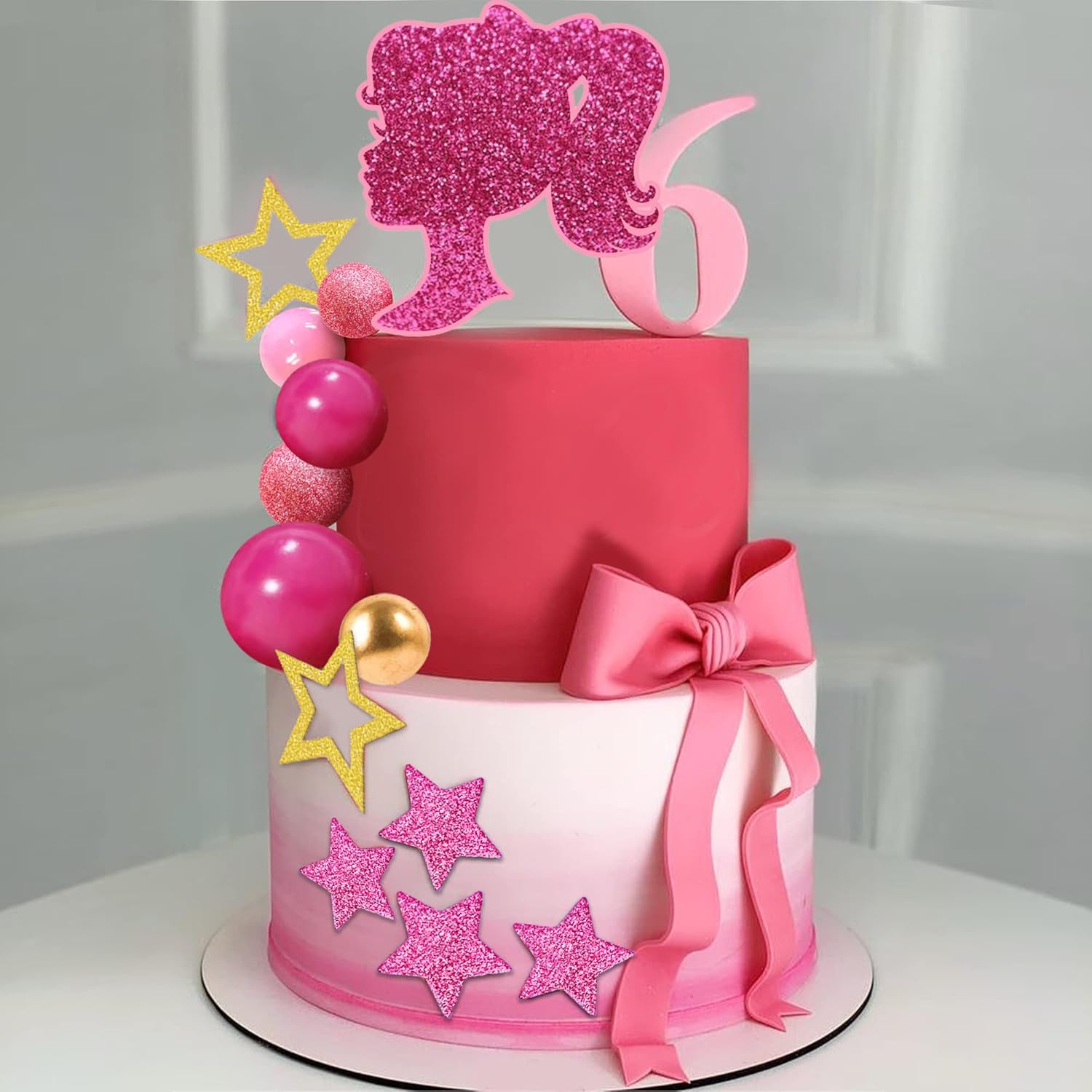 Hot Pink Girl Cake Topper Balls Cake Decorations with Shiny Stars for Wedding Baby Shower Birthday Supplies (Stars) image number 3