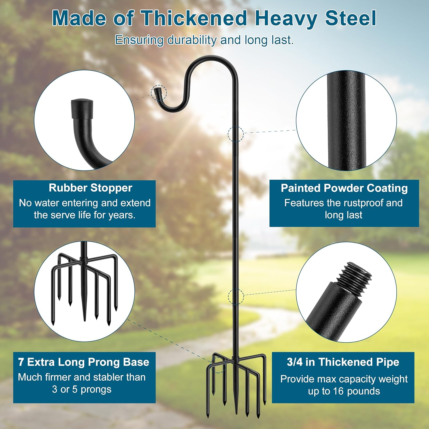 84" Shepherds Hooks for Outdoor, Heavy Duty Garden Bird Feeder Pole Hanging Bird Feeder, Solar Light Lanterns, Outdoor Plant Hanger Hook with 7 Base Prongs, 1 Packs image number 4