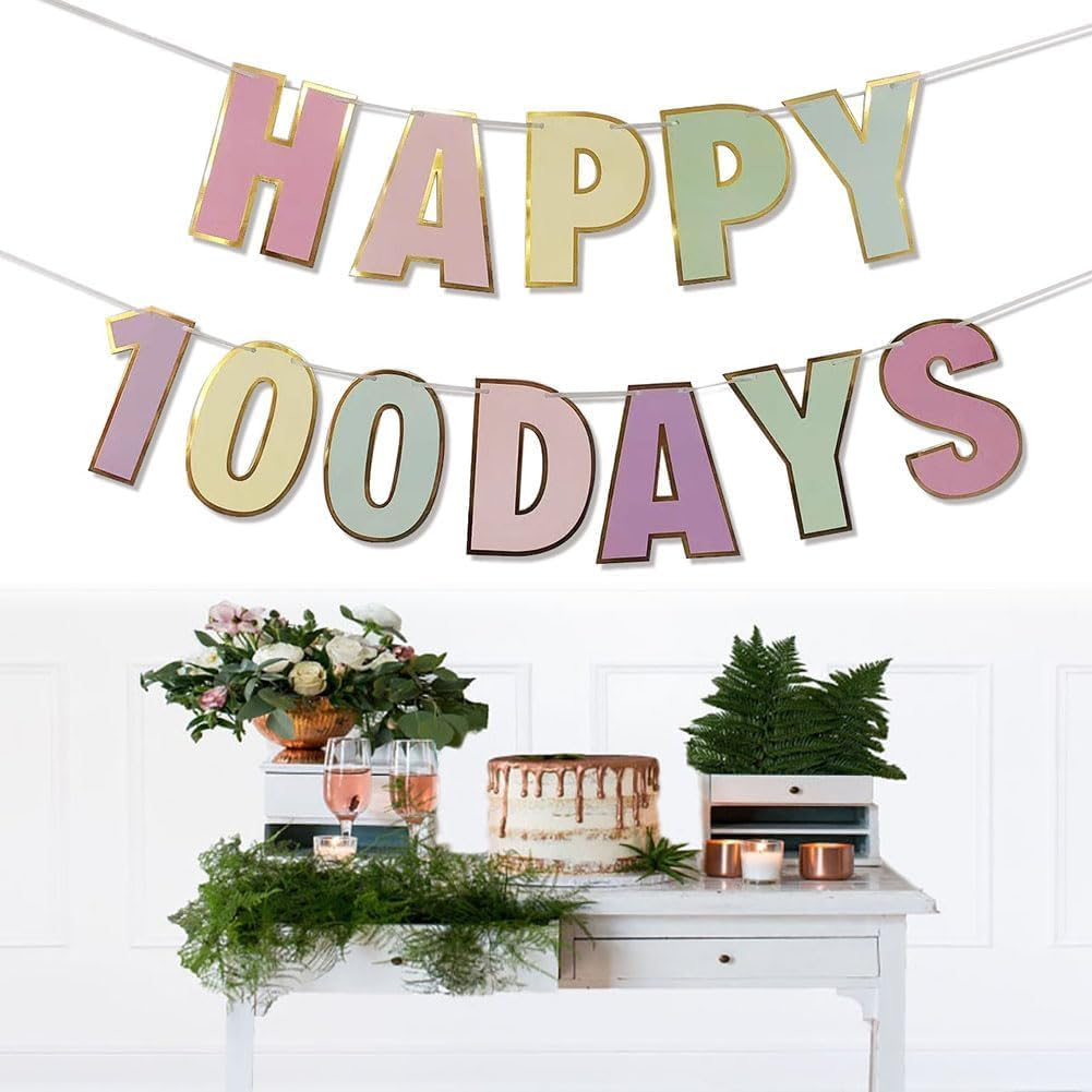 Happy 100 Days Banner Celebration 100 Day of School Banner Happy 100 Birthday Days Decor Wedding Celebration Party 100 Days Theme Party Decoration Colorful Letters Banner for Baby (Macaron 100 Day) - Macaron 100 Day image number 4