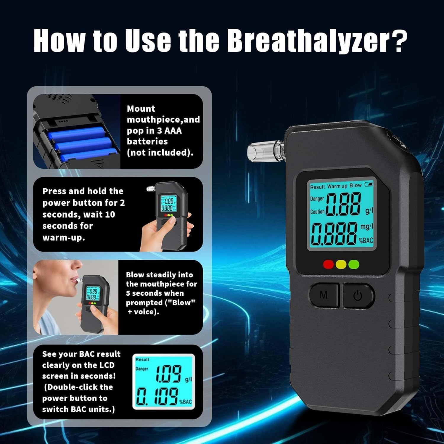 Breathalyzer, Portable Breathalyzers for Alcohol with LCD Digital Display，Professional-Grade Alcohol Breathalyzer Tester with 5 Mouthpieces for Home & Personal Use image number 5