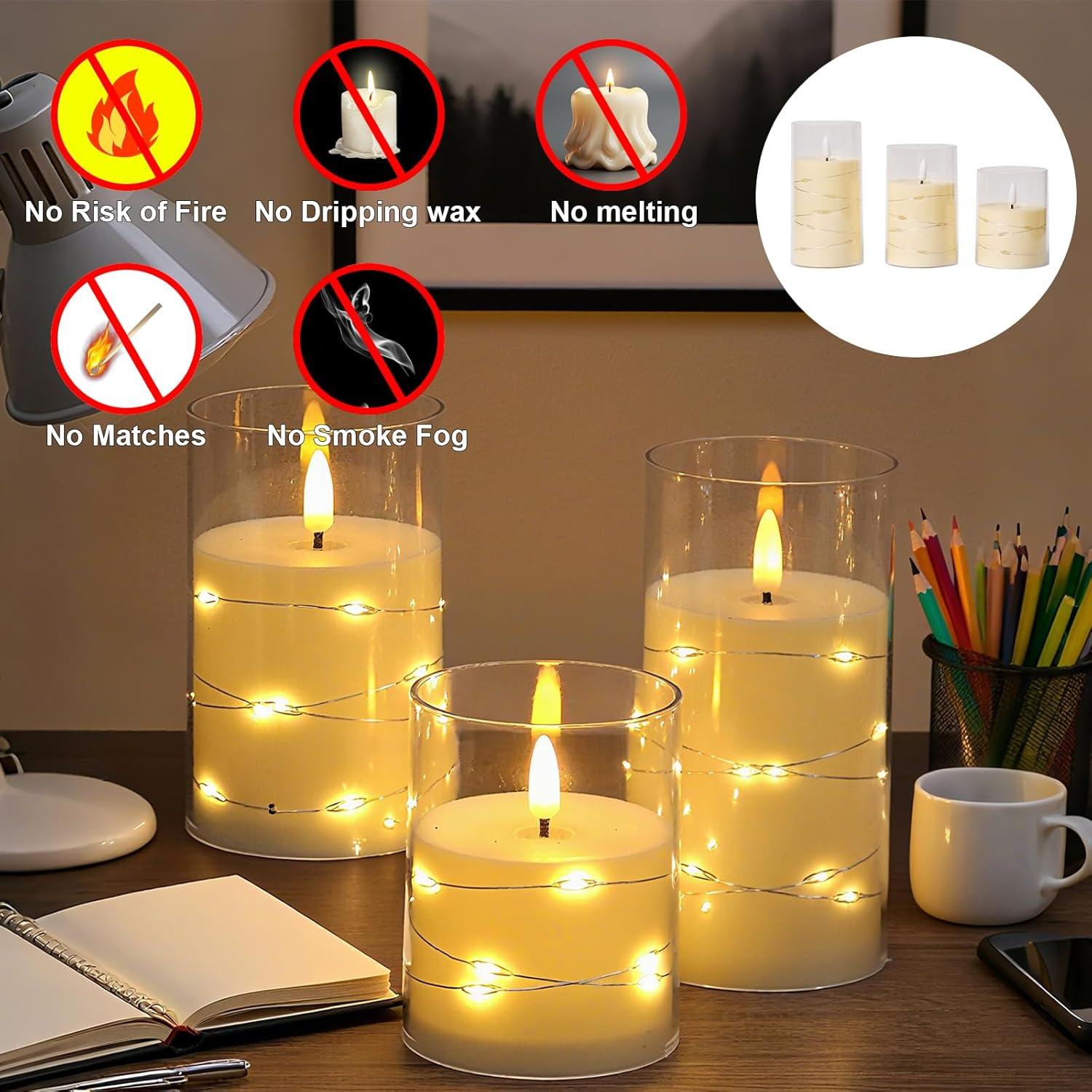 Flickering Flameless Candles: Built-In Star String Lights Unbreakable 3D Wick Acrylic Battery Operated LED Pillar Candles, for Romantic Home/Wedding/Room Decor(4" 5" 6") image number 3