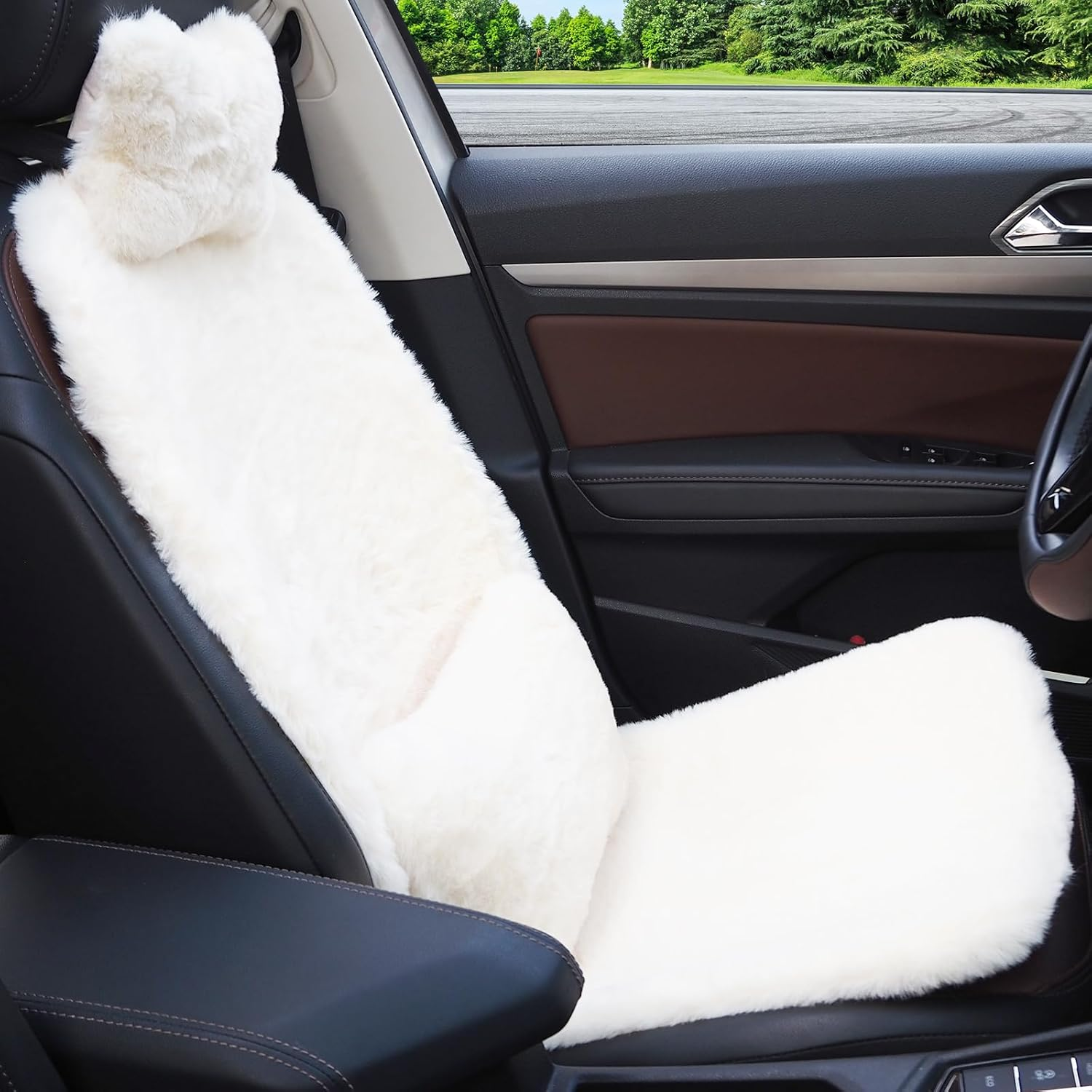 Car Seat Covers Fluffy Fuzzy Cuchion with Car Headrest & Lumbar Support Cushion, 4Pcs Universal Soft Cozy Fur Plush Seat Cushion Interior Accessories for Car Suvs RV (Off-White) image number 4