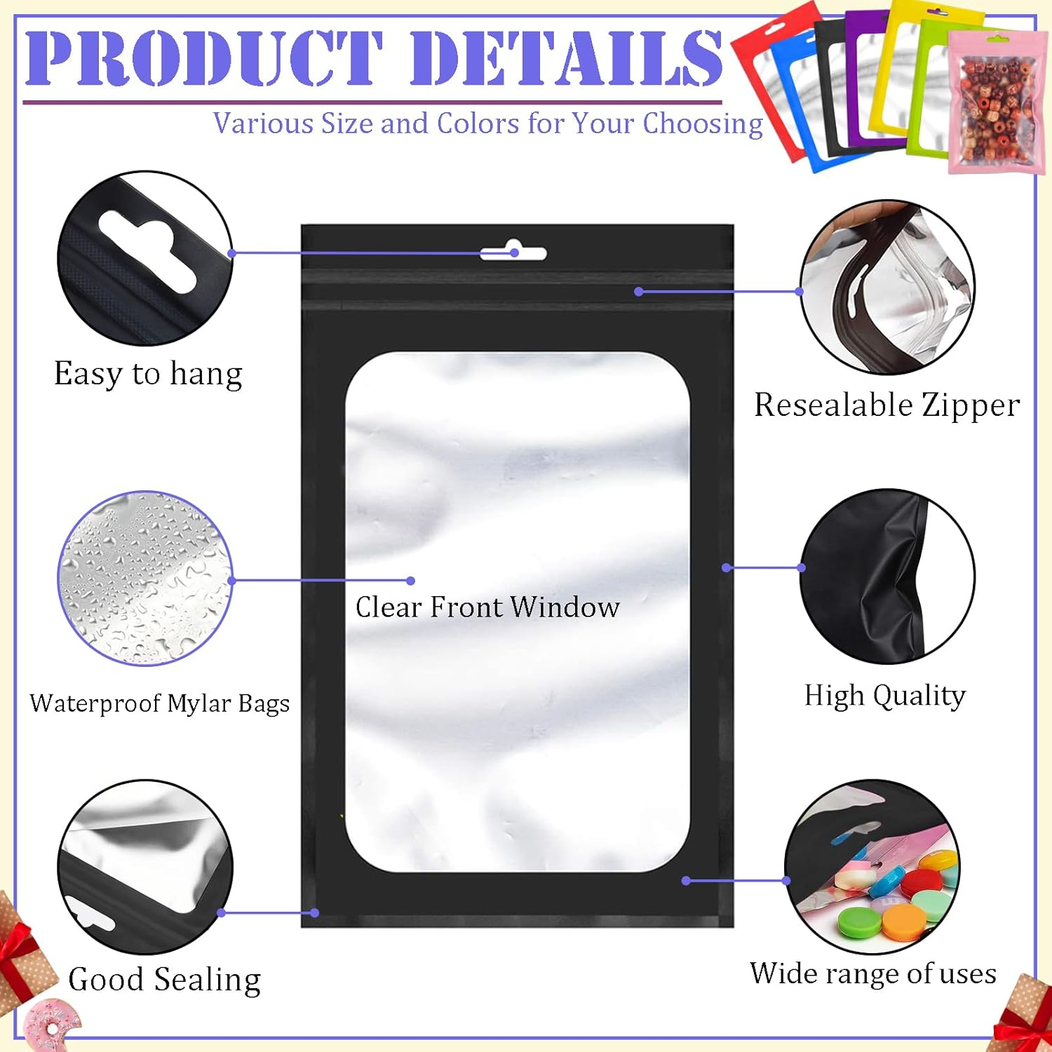 Black Foil Ziplock Mylar Bags - Medium Smell Proof Holographic Packaging, 50Pcs 14X20Cm Resealable Storage Pouches with Grip Seal for Food, Jewelry, Electronics