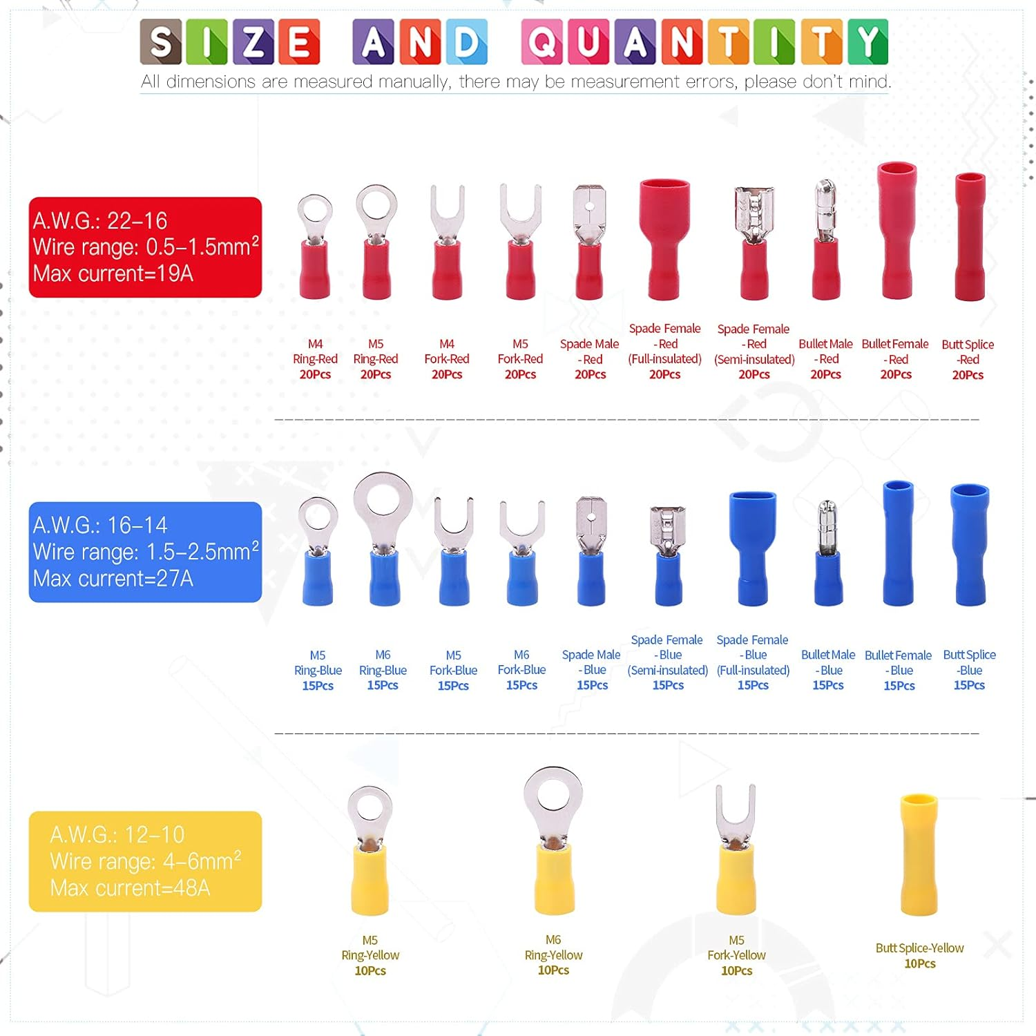 Glarks 355Pcs 22-16/16-14/12-10 Gauge Mixed Quick Disconnect Electrical Insulated Butt Bullet Spade Fork Ring Solderless Crimp Terminals Connectors Assortment Kit image number 2