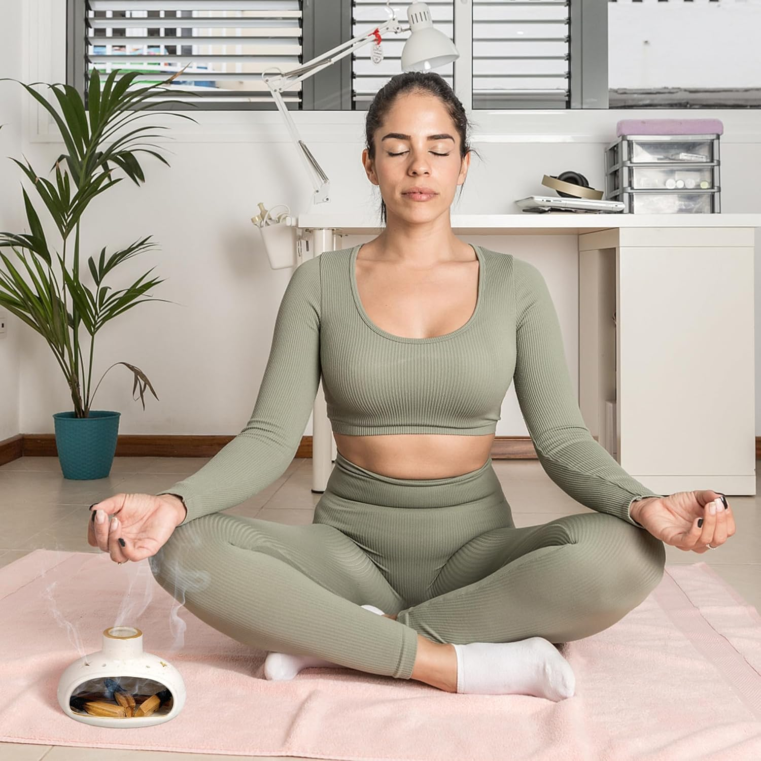 Zenbless 3 in 1 Incense Holder for Palo Santo Sticks Sage Bundles Cone Incense, Handcrafted Ceramic Incense Burner Holder Ash Catcher with Chimney, Smudge Bowl for Yoga Meditation Room Home Decor image number 6