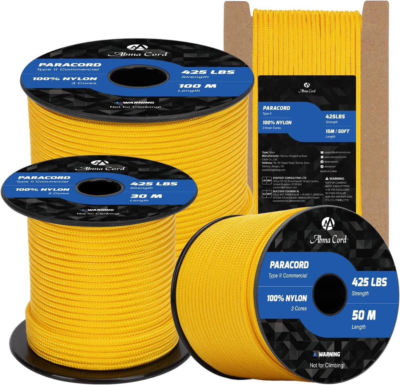 Abma Cord Paracord 3Mm 30M 100% Nylon Rope Type II 3 Strands Parachute Cord - Max. 192Kg (425Lbs) - White