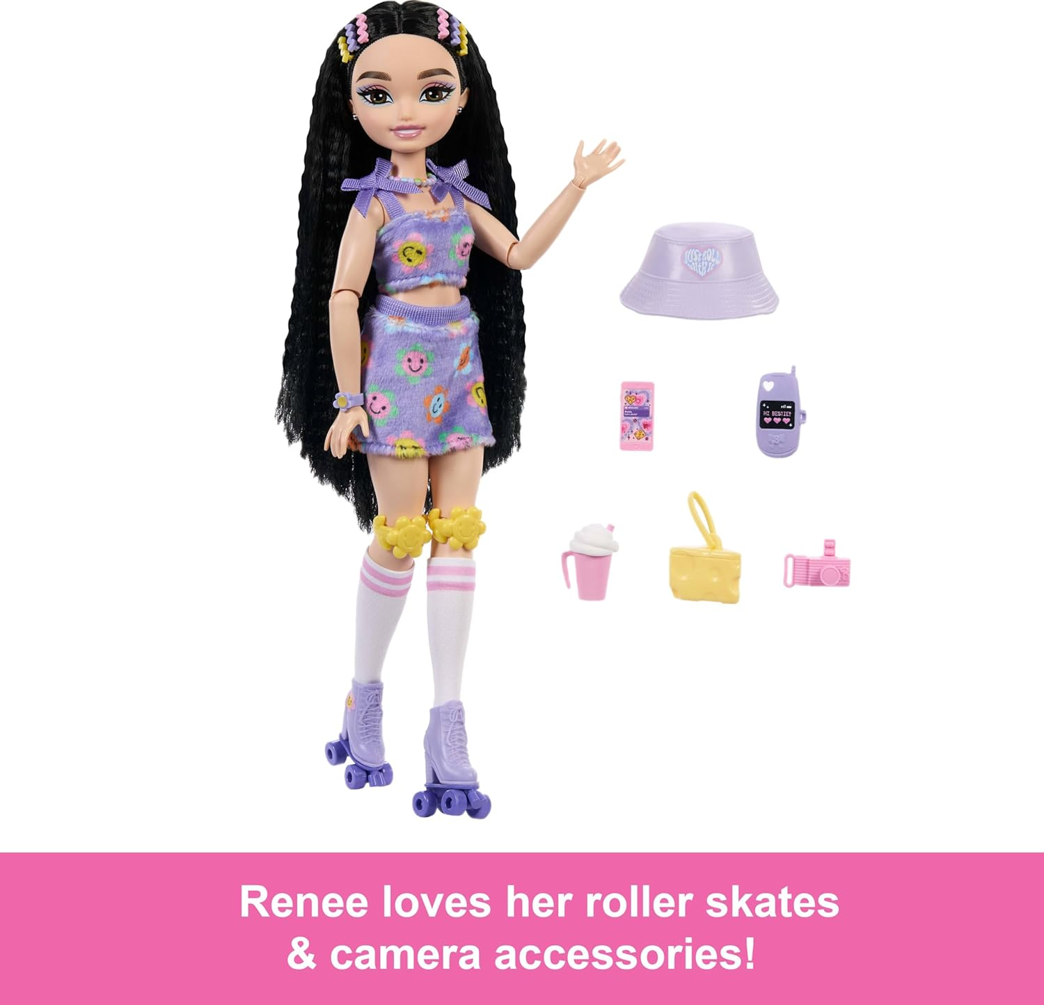 Barbie Dream Besties Doll and Accessories, Renee Posable Roller Skating Fashion Doll with Black Hair, 12 Video & Food Themed Pieces image number 5