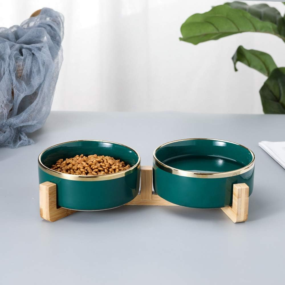 Green Gold Ceramic Cat Dog Bowl Dish with Wood Stand No Spill Pet Food Water Feeder Cats Medium Dogs Set of 2 image number 1
