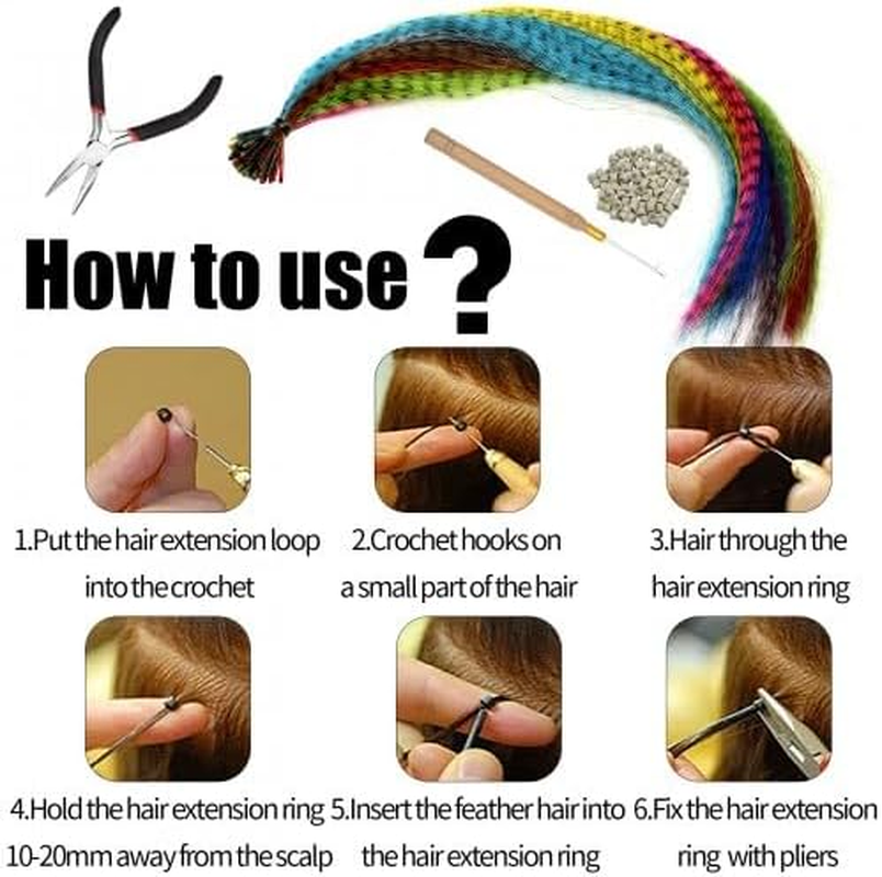 Pack of 50 Feather Hair Extensions Set, Colourful Faux Feather Hair Extensions, Coloured Hair Extensions Clips, Synthetic Hair Strands Extensions Highlights with 100 Silicone Ring, Pliers and Crochet image number 5