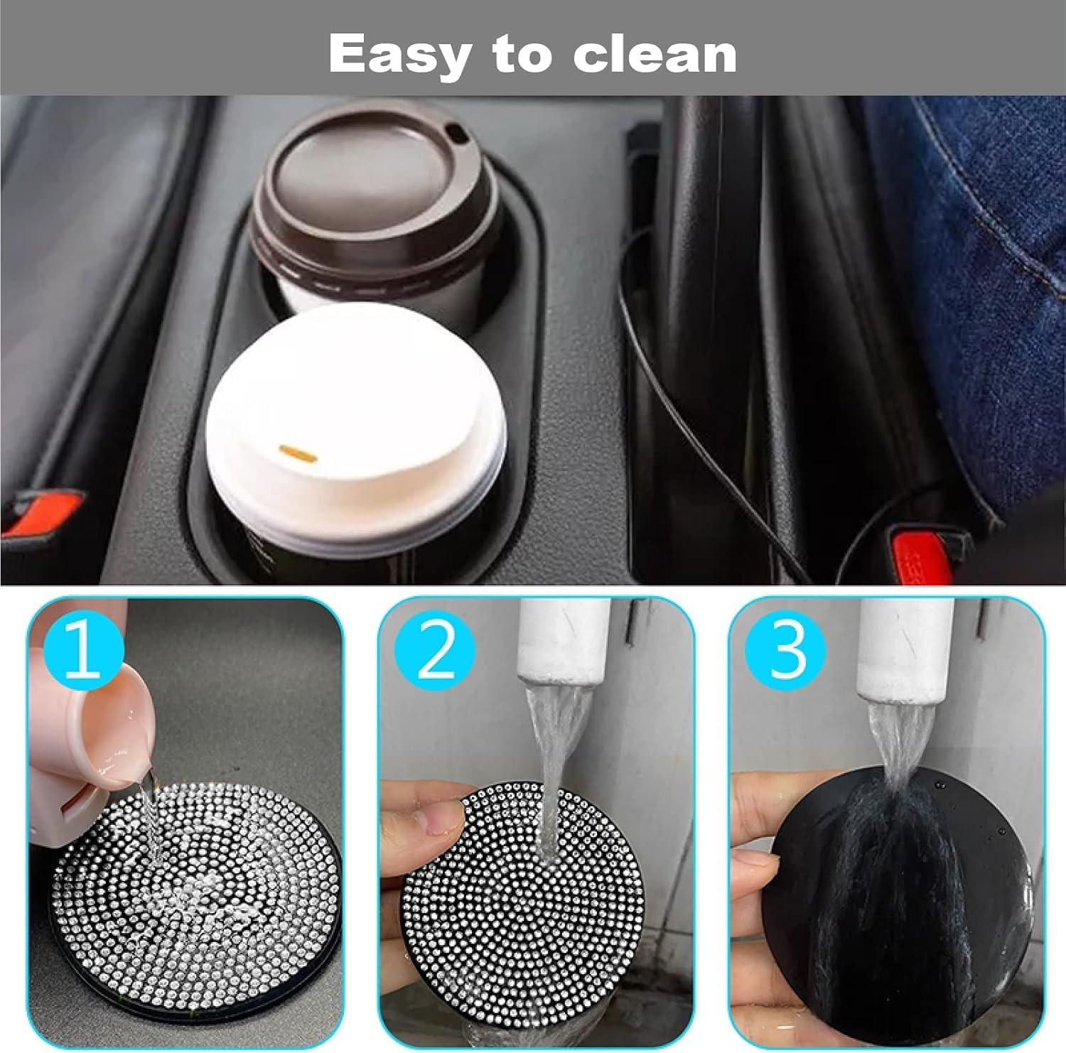 2 Pack Car Cup Holder Coaster,Fashion Anti-Slip Shockproof Universal Vehicle Cup Holders Coasters Insert Bling Crystal Rhinestone Auto Automotive Interior Accessories for Women (Blue) image number 3