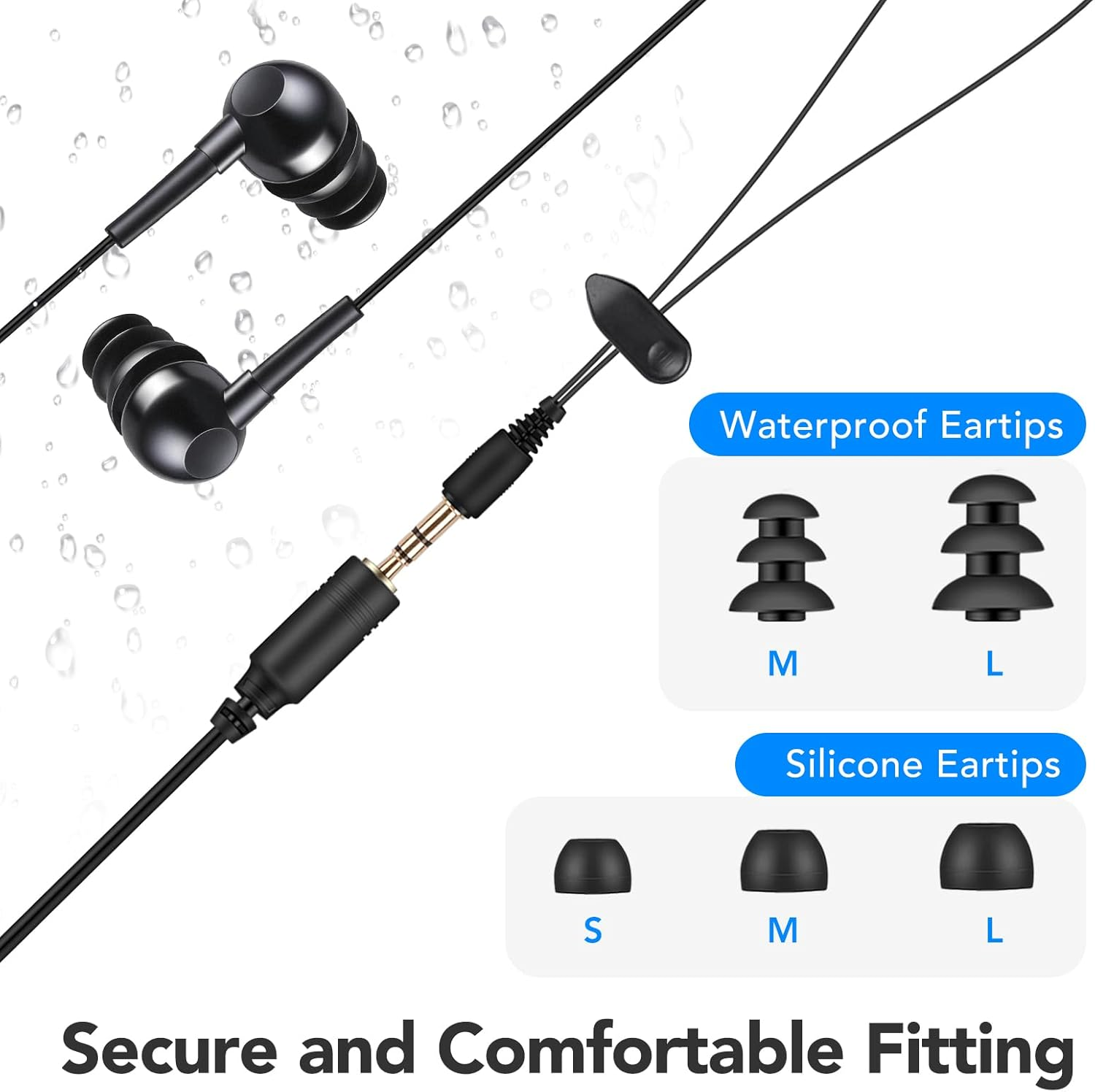 AGPTEK IPX8 Waterproof In-Ear Earphones, Coiled Cable Swimming Earbuds with Stereo Audio Extension Cable, Wired, Black image number 5