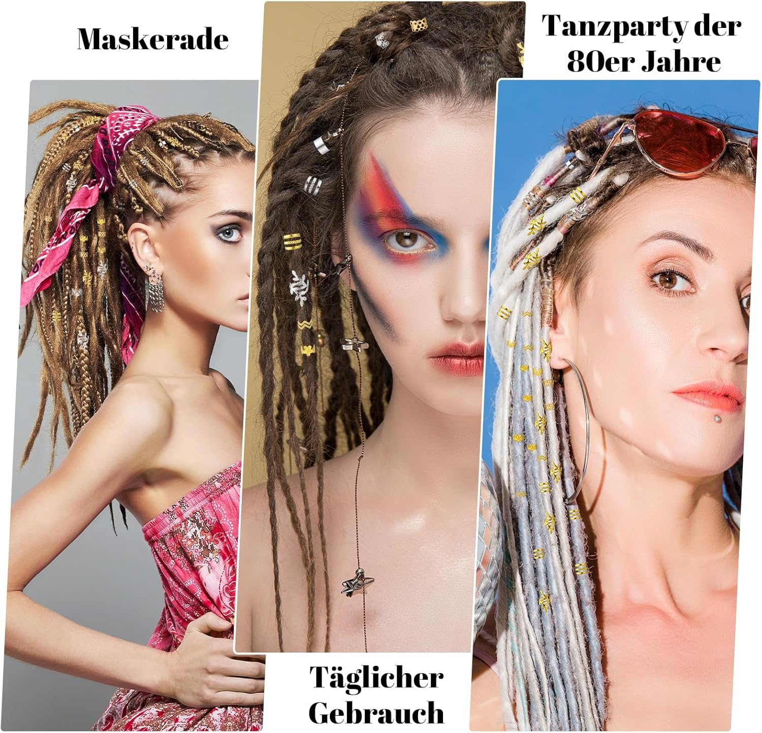 Dusaniyali 100 Piece Dreadlocks Jewellery Set Hair Accessories Pirate Hair Rings Silver and Gold Pirate Hair Accessories Braids Accessories with Rubber Bands Storage Box for Braids Hair image number 6