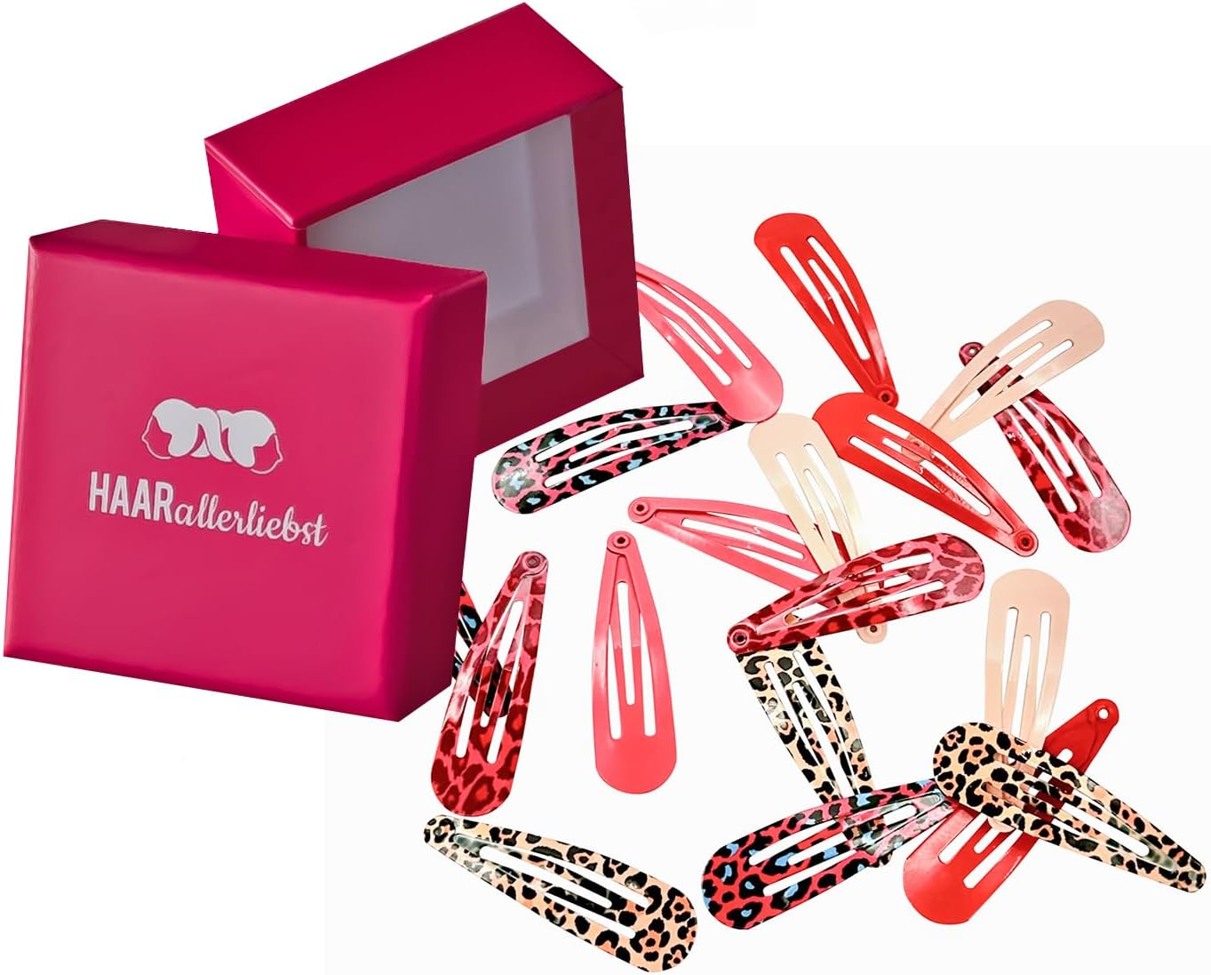 Haarallerliebst&reg; Pack of 18 Hair Clips Girls Women Colourful Hair Clips in 6 Colours (Leo Print, Pink, Red), 50 Mm Baby Children'S Hair Clip with Box Hair Clip Hair Accessories