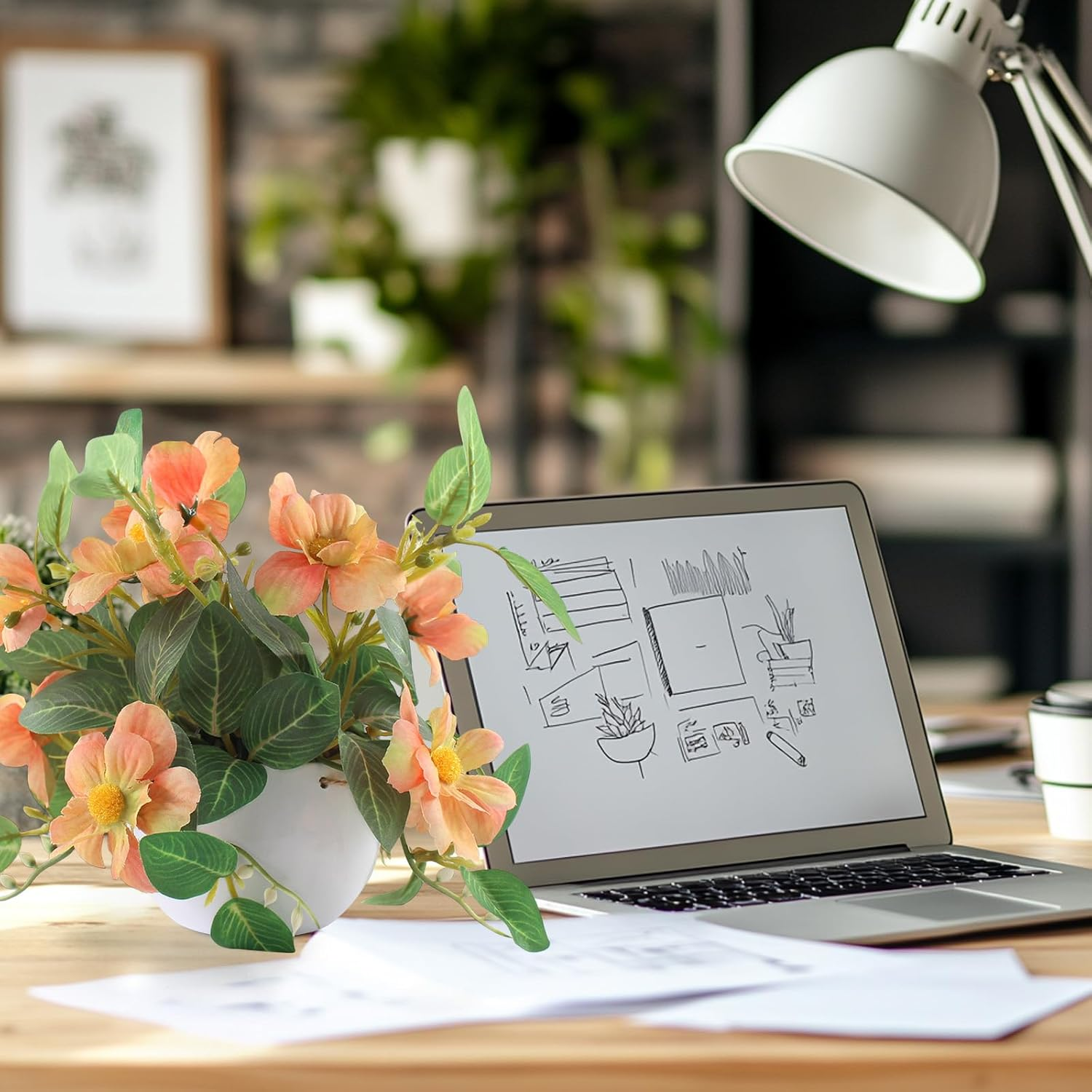 Artificial Hanging Flowers Faux Daisy Bonsai Fake Plants Basket Table Centerpieces for Wedding Office Porch Balcony Home Decor - Orange image number 1